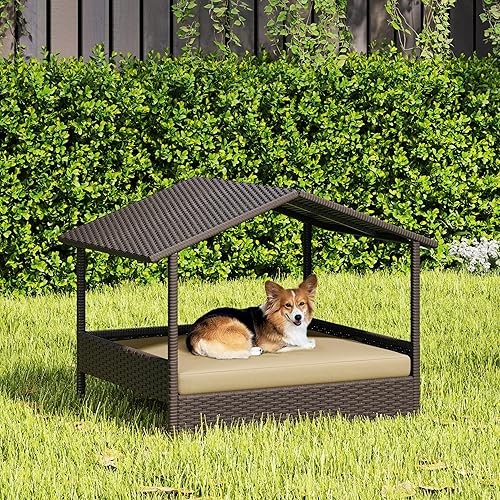 Miniatura 3 de Yaheetech Casa de mimbre para perros al aire libre e interior con toldo, cama elevada para perros con cojín para perros pequeñosmedianos, sombra