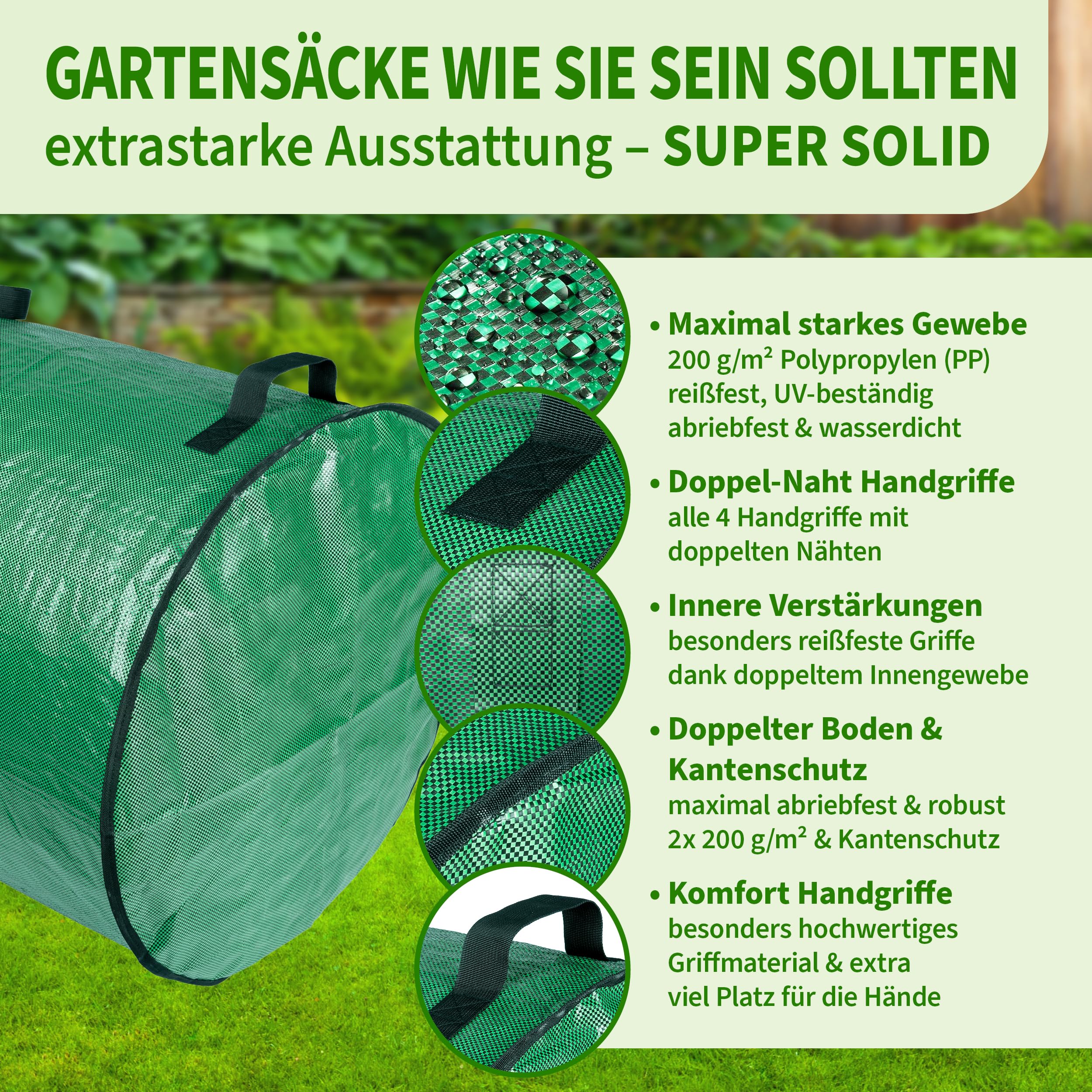 TTL Garden 2 x 500 l super solidny worek ogrodowy zielony – podwójne dno 2 x 200 g/m², bardzo stabilny i odporny na rozerwanie, wolnostojący, 4 uchwyty, duży, wytrzymały, zestaw 2 worków na liście