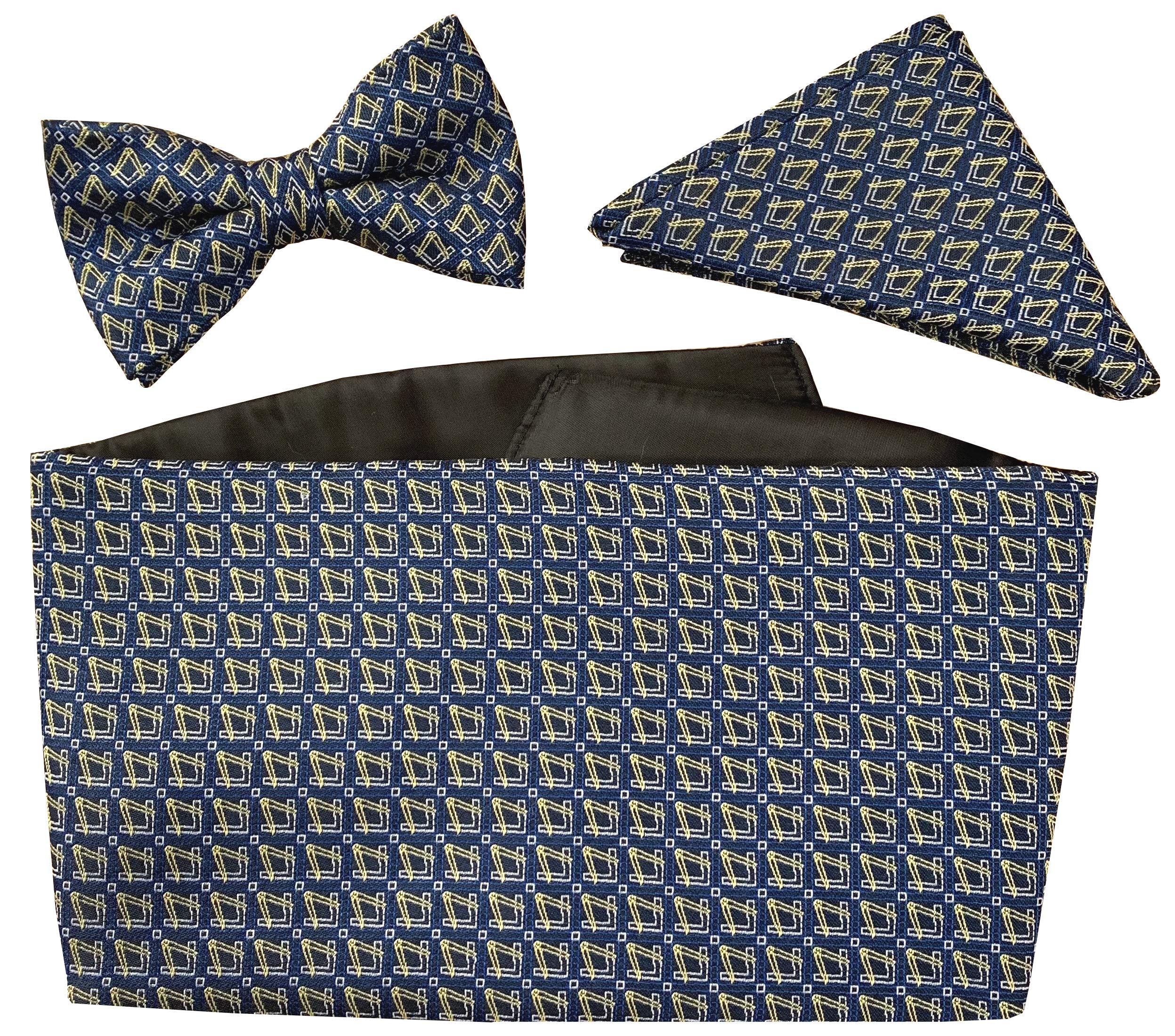 Great British Tie Club Men's Navy, Gold, White Freemasons Masonic Navy Blue & Gold Cummerbund Set (Includes Bow Tie & Hanky)