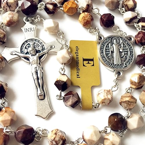 Miniatura 4 de elegantmedical Collar católico con cuentas de ágata natural de San Benedicto con rosario, caja de regalo