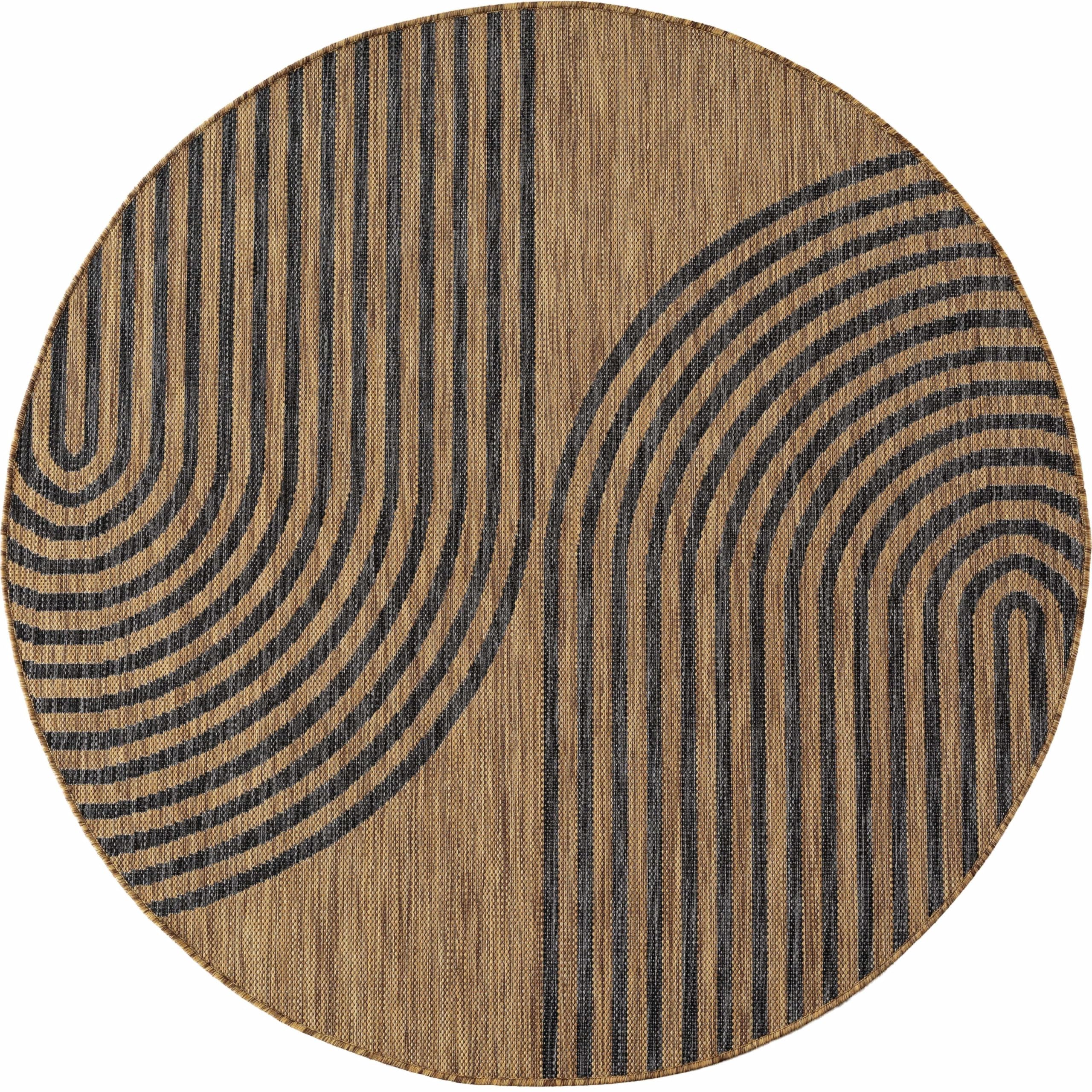 HomebyHome Outdoor Teppich Schwarz Natur Jute Optik Rund 200 cm Balkon Terrasse Garten Wetterfest UV-beständig Groß XL Boho Design Flachgewebe Pflegeleicht Robust Modern