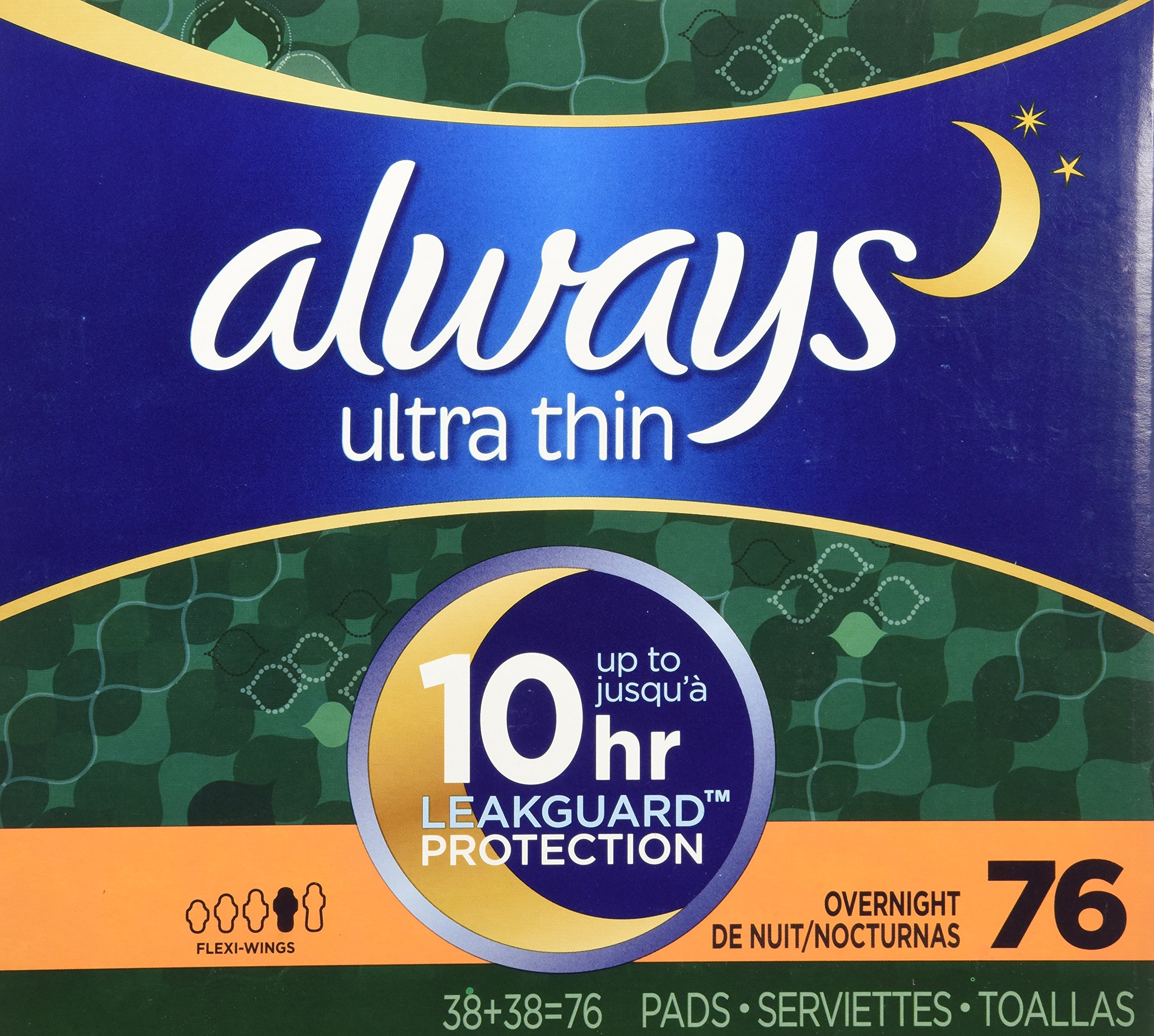 AlwaysUltra Thin Overnight Pads with Wings, Unscented, 76 Count
