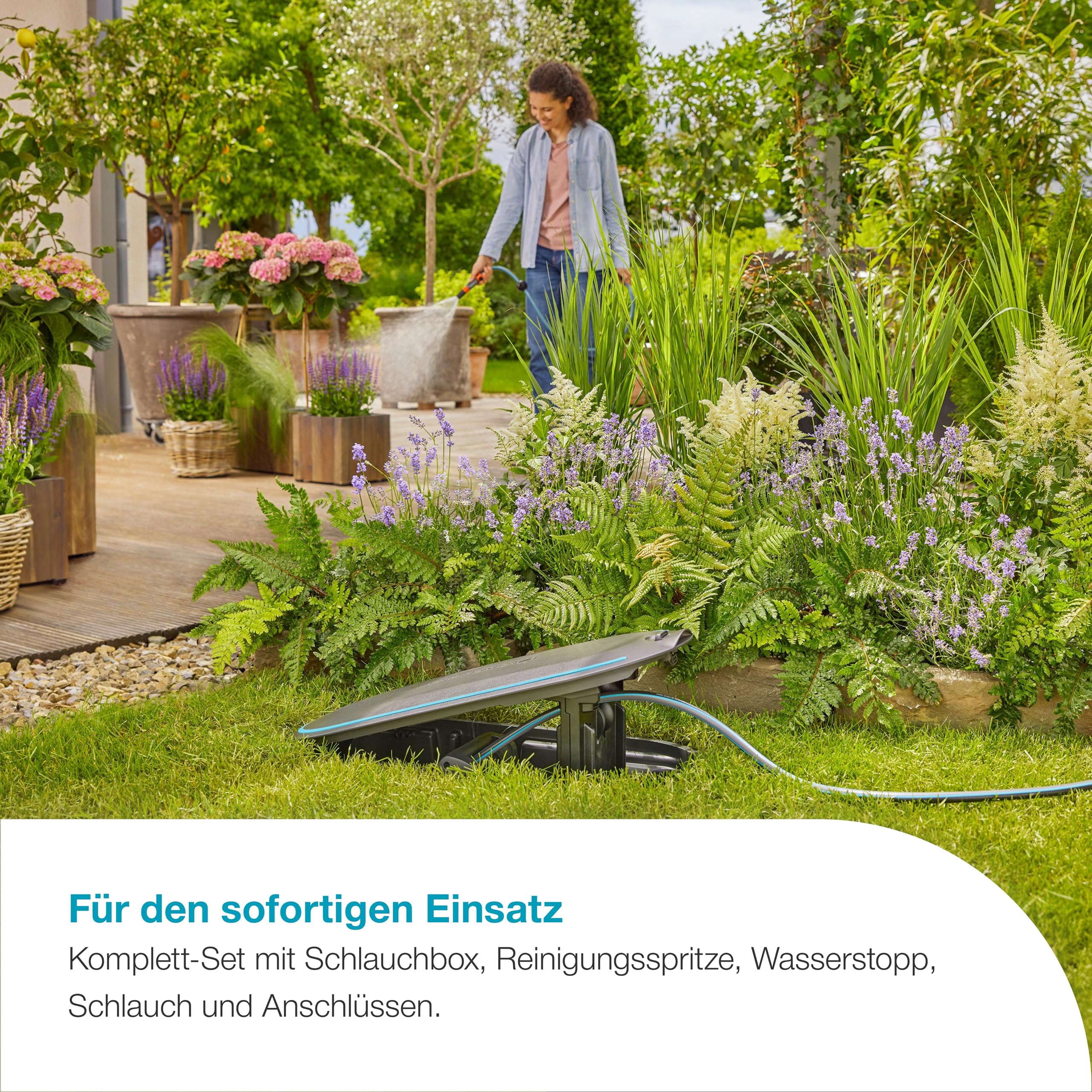 Gardena Undercover Schlauchbox RollUp M, 20 m Schlauch, diskrete unterirdische Installation, automatische Aufrollfunktion, wetterfest, flexible Anschlussmöglichkeiten (18650-20)