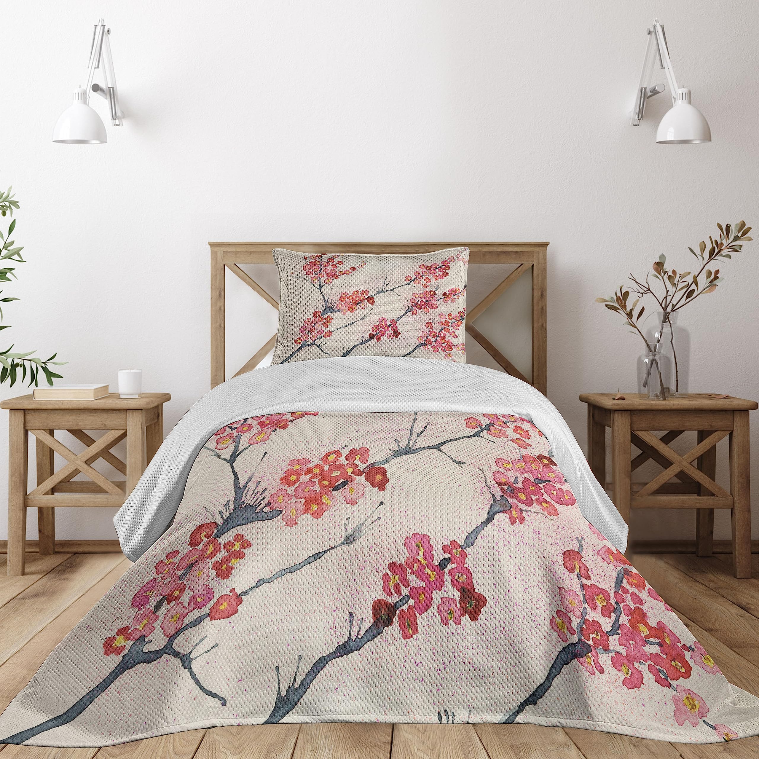 AmbesonneAmbesonne Floral Coverlet, Cherry Blossoms Sakura Eastern Old Style Painting Print Vintage Theme, 2 Piece Decorative Quilted Bedspread Set with 1 Pillow Sham, Twin Size, Pink Beige