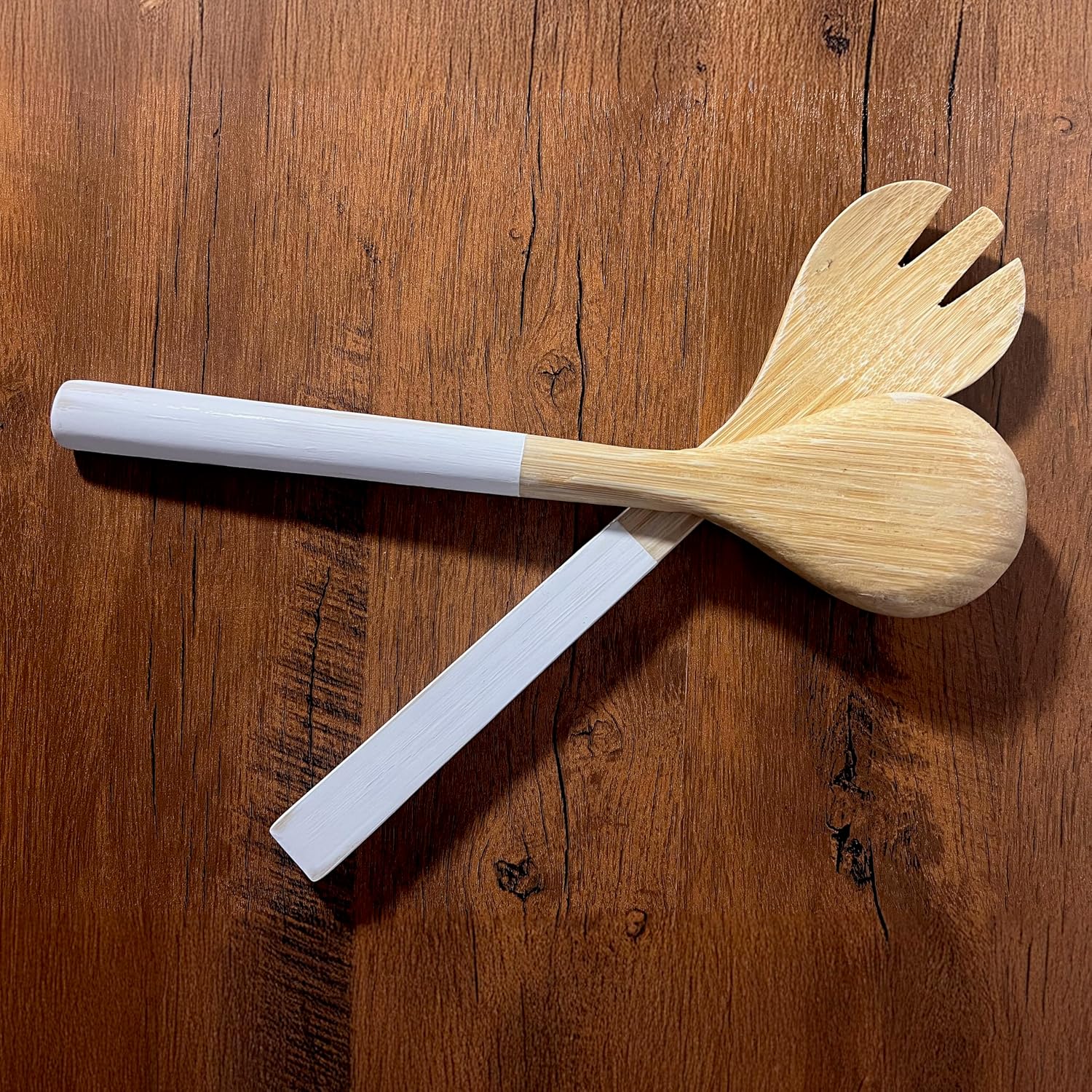 Bamboo Salad Servers – Engraved Wooden Utensils with Rustic Farmhouse Style White Handles | Birthday, Mother’s Day & Father’s Day Gifts, Xmas, White Elephant (No Engraving)