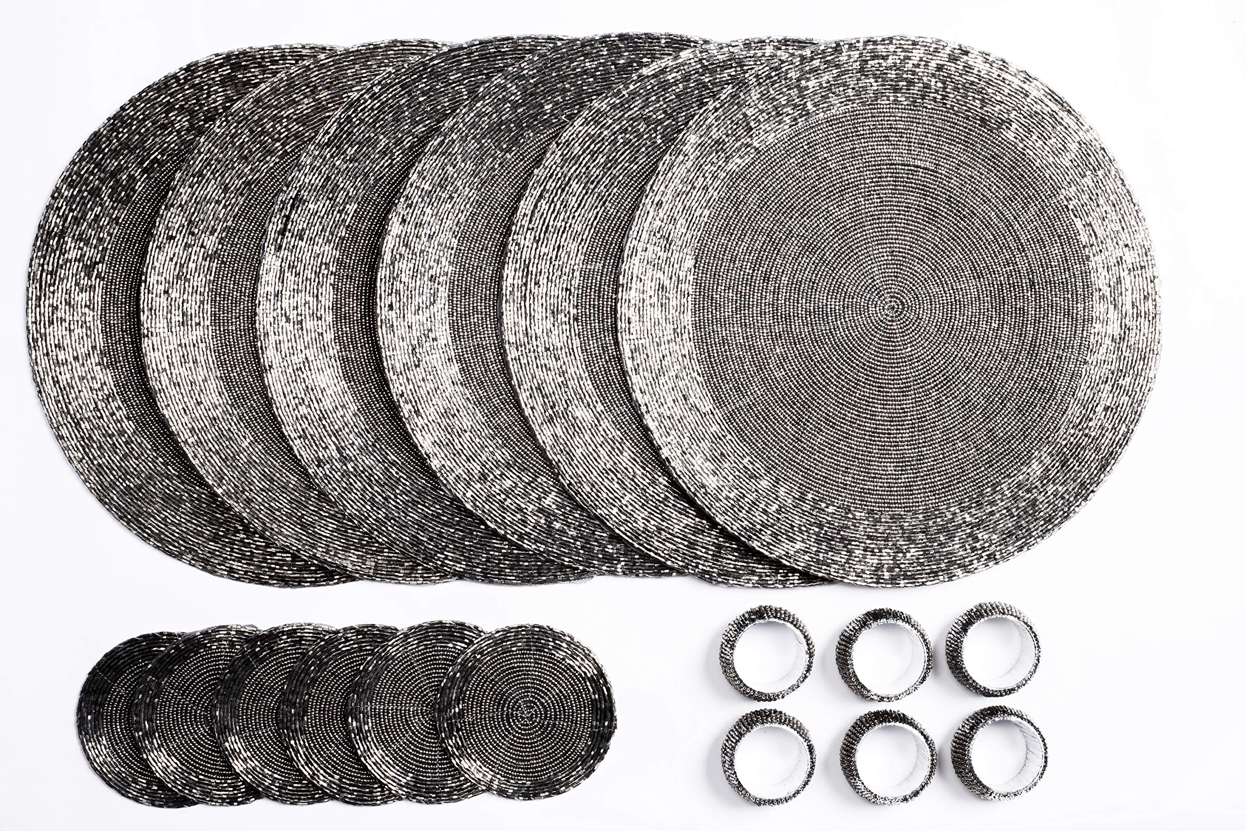 Penguin Home Ensemble de sous-Verres, Ronds de Serviette et Sets Table Ronds Perles Verre 18 Pièces, Argent Antique