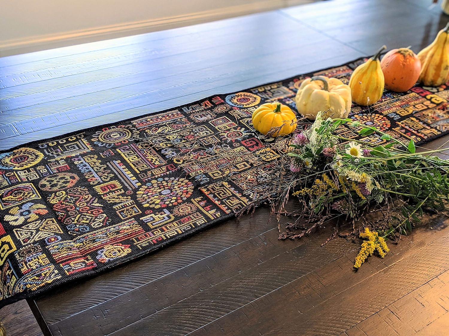 DaDa Bedding Bohemian Tapestry Table Runner - Greek Ethnic Ornament Geometric Calligraphy Black Textile - Multi-Colorful Dark Cotton Linen Woven Kitchen Dining Mats - Oversized 13" x 120"