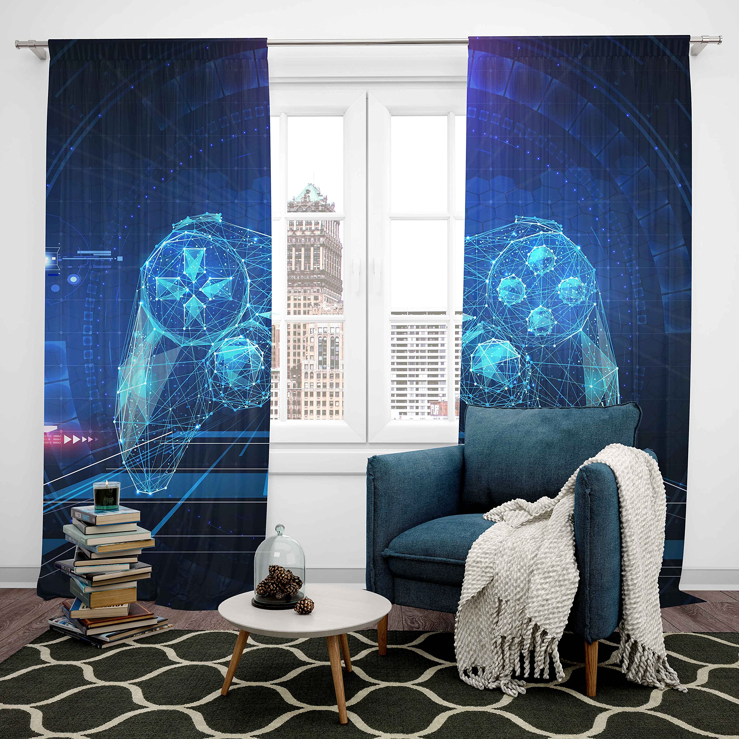 Tende per finestre a tema gioco moderno per adolescenti, videogiochi, console gamepad, design fantascienza, decorazione per camera da letto o soggiorno, 168 x 183 cm
