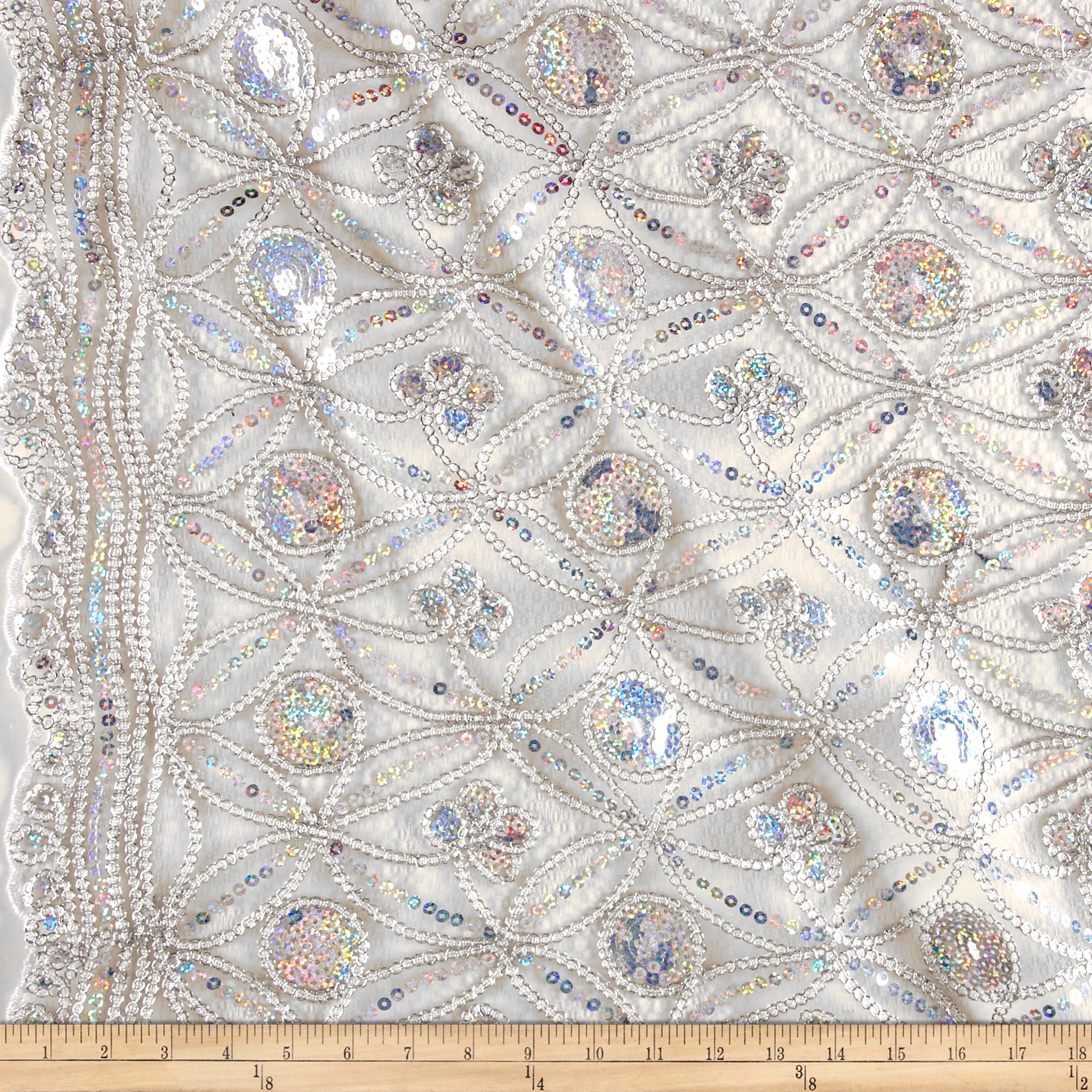 Coco Star Sequin Double Border Stretch Lace Silver, Fabric by the Yard