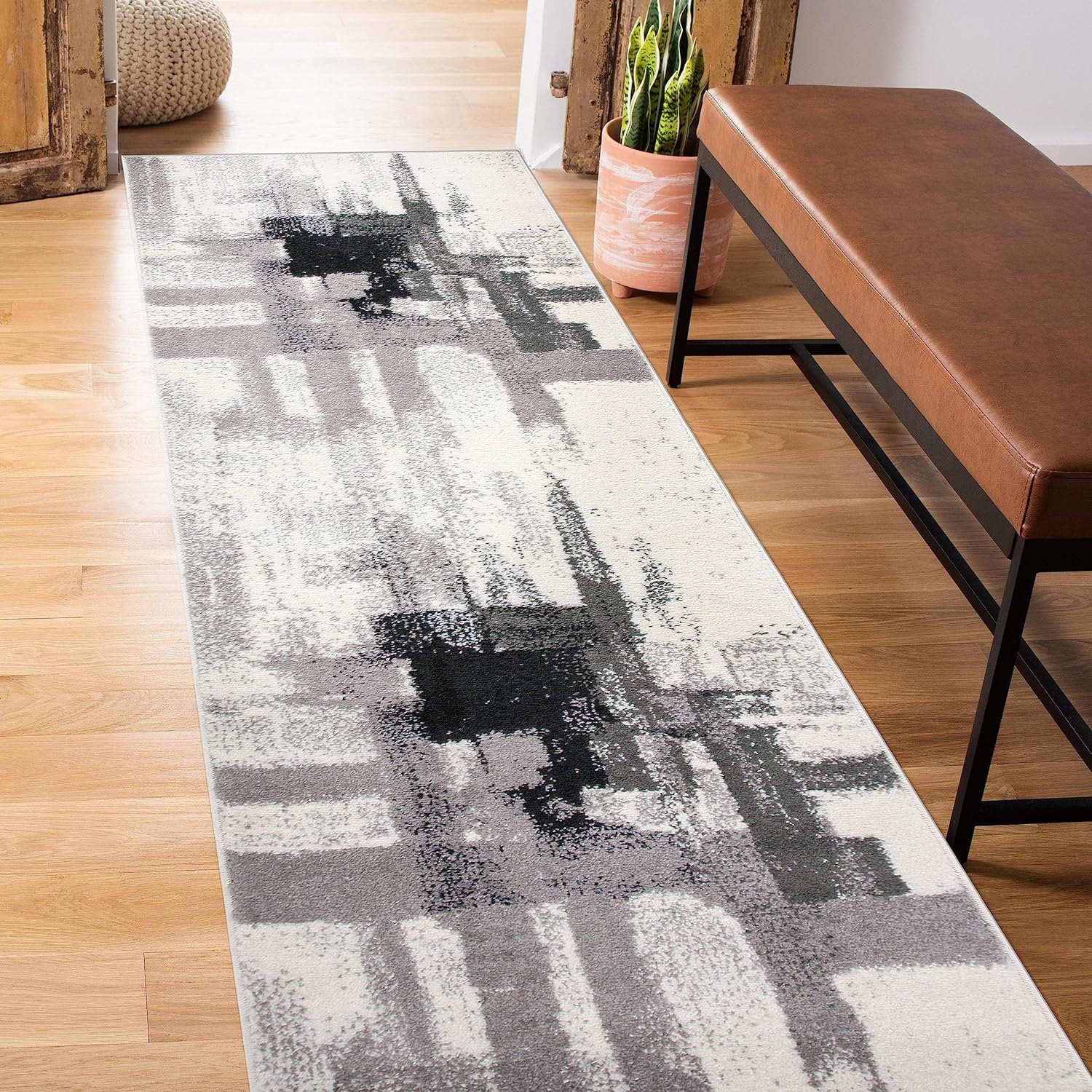 Rugshop Contemporary Modern Abstract Runner Rug 2' x 7' Black Black 2' x 7'