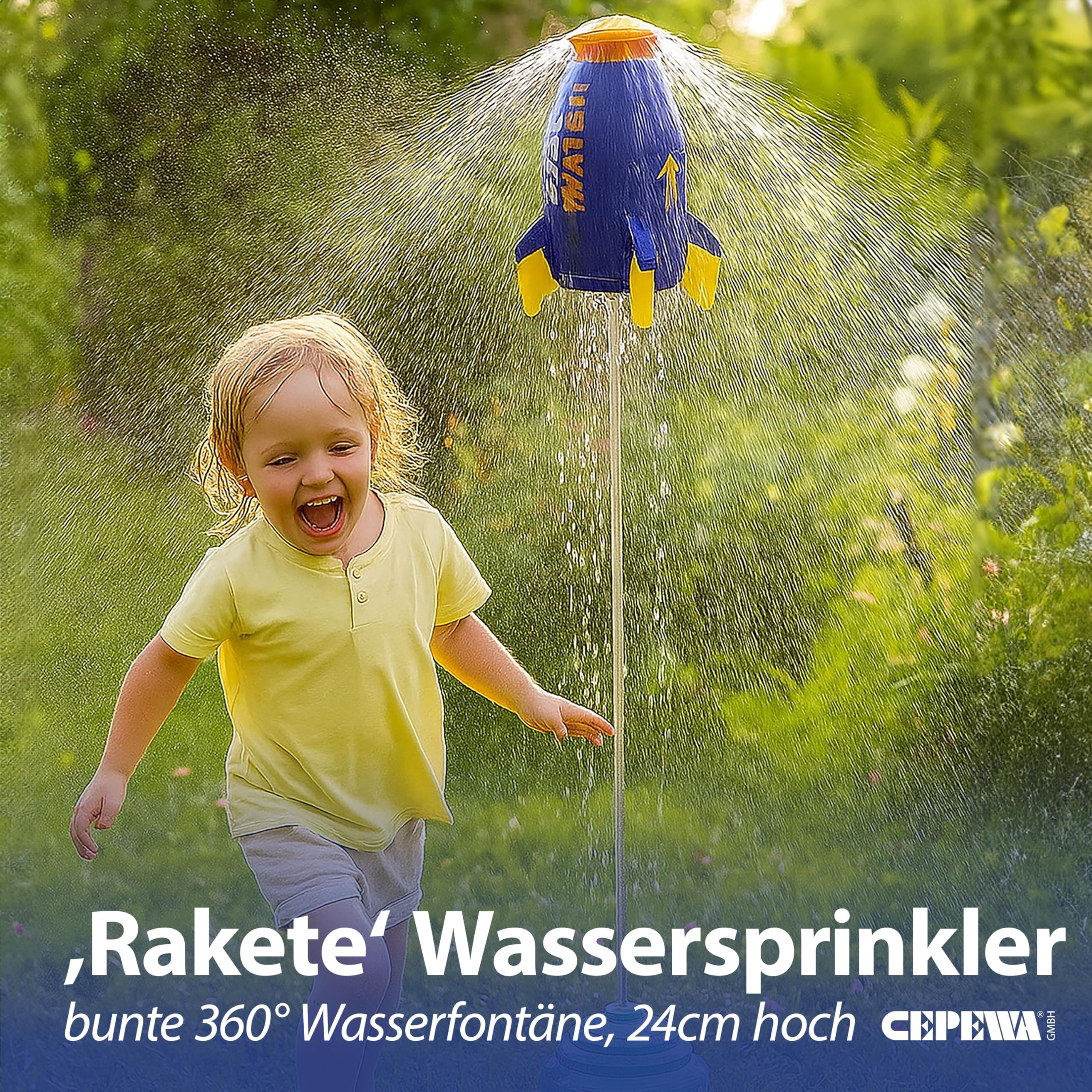 Wassersprinkler Rakete | Kunststoff 24cm Mehrfarbig | Base Schlauadapter Sticker | Kinderspielzeug Wasserfontäne Sommer | Spielgerät für den Garten