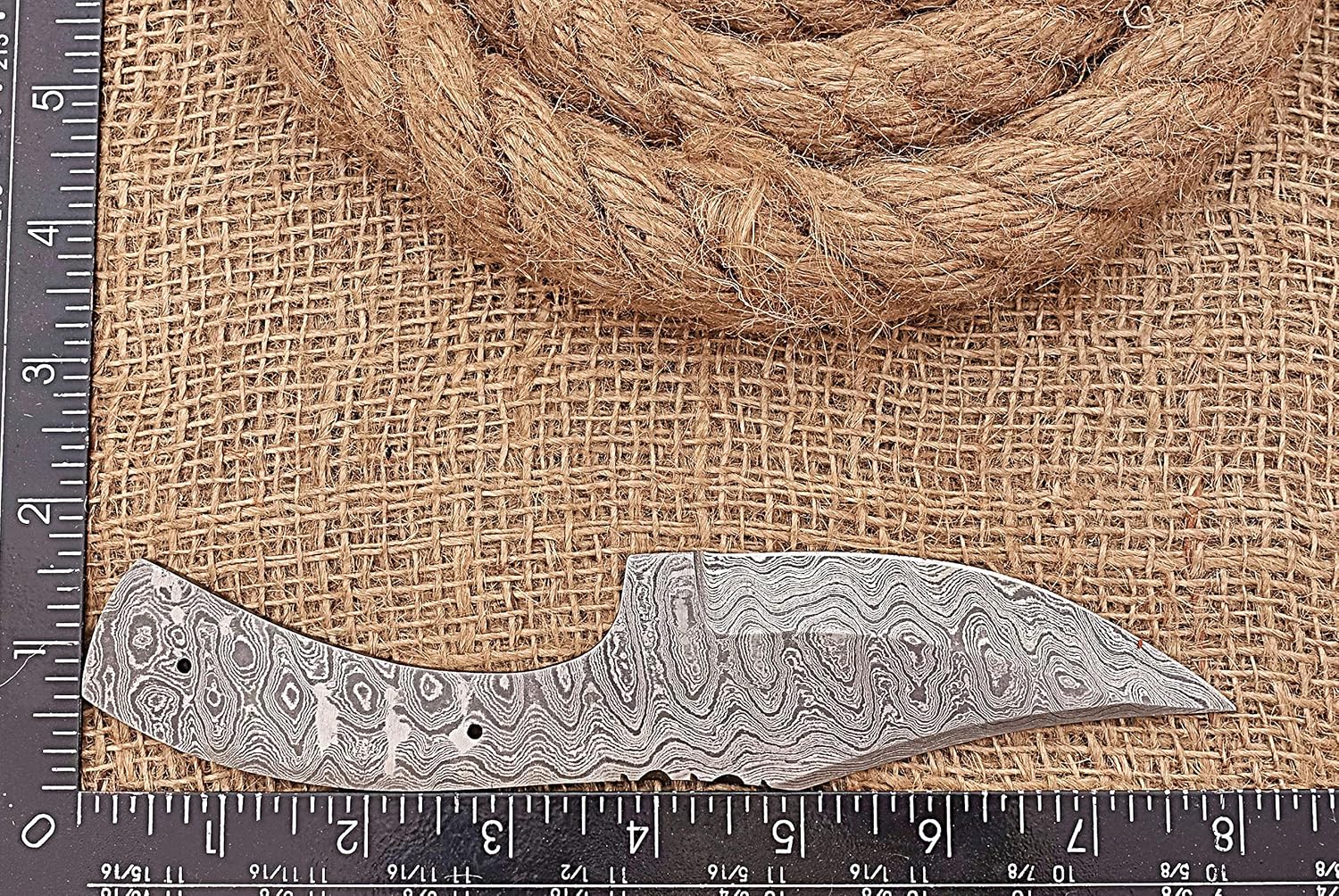 8 inches long hand forged Damascus steel clip point blank blade skinning knife, 3.5" long sharp cutting edge, 3.75" scale space with 2 pins hole
