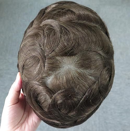 Miniatura 8 de Toupee para hombres piezas de cabello humano, sistema de reemplazo de cabello, piel fina en V, unidades de cabello castaño claro #7