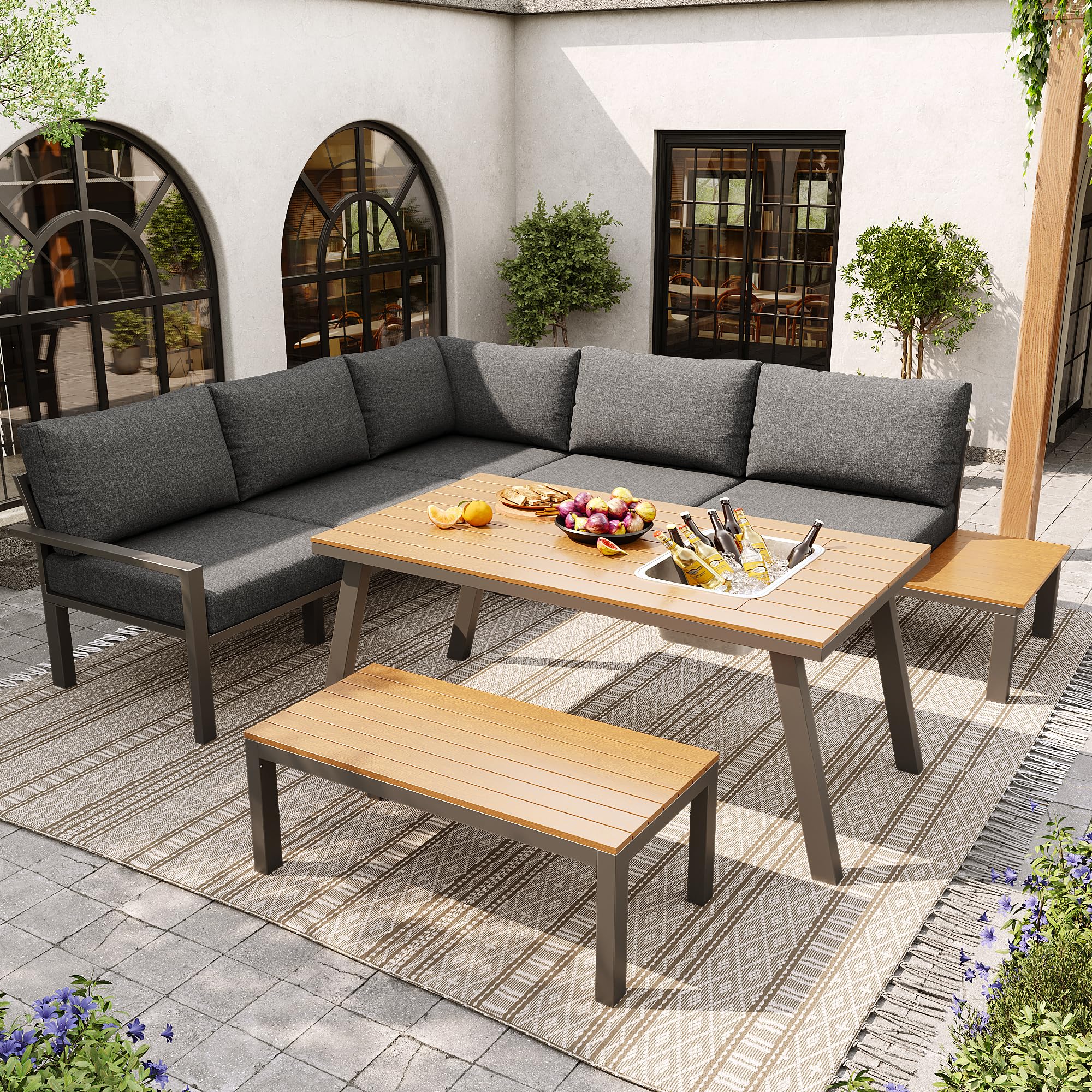 Juego de salón de jardín para 6-7 personas, adecuado para jardín, balcón, terraza, grupo de asientos resistente a la intemperie, moderno juego de muebles de jardín, estructura de hierro