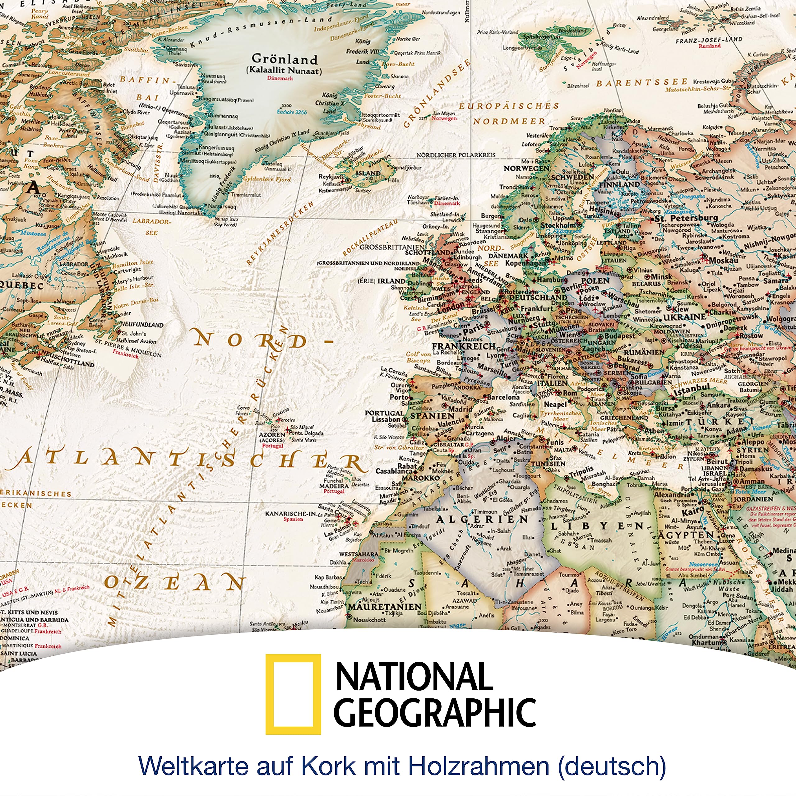 ORBIT Globes & Maps - Weltkarte mit Kartenbild von National Geographic - Pinnwand mit Holzrahmen, Aktuell 2025, 90x60 cm, deutsch, Maßstab 1:46 Mio mit Fähnchen und Pins sowie Befestigungsmaterial
