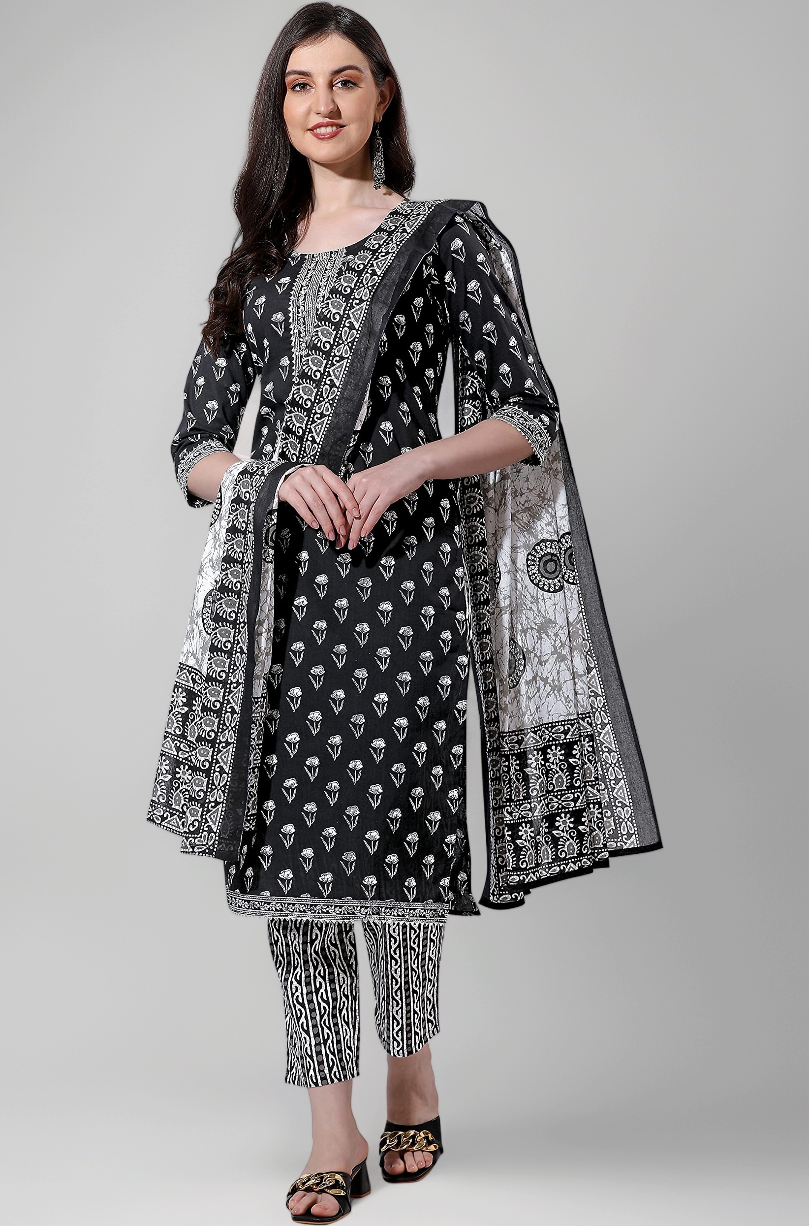 MIRCHI FASHION Women's Designer Straight Fit Cotton Printed and Embellished Kurta Set with Trouser Pant and Dupatta