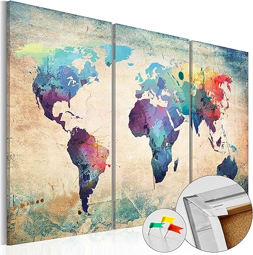 Miniatura 2 de artgeist Pinboard mapa del mundo de 35 x 24 pulgadas, tablero de corcho y lienzo impreso en pared, 3 piezas de tablero de notas con 50 pines,