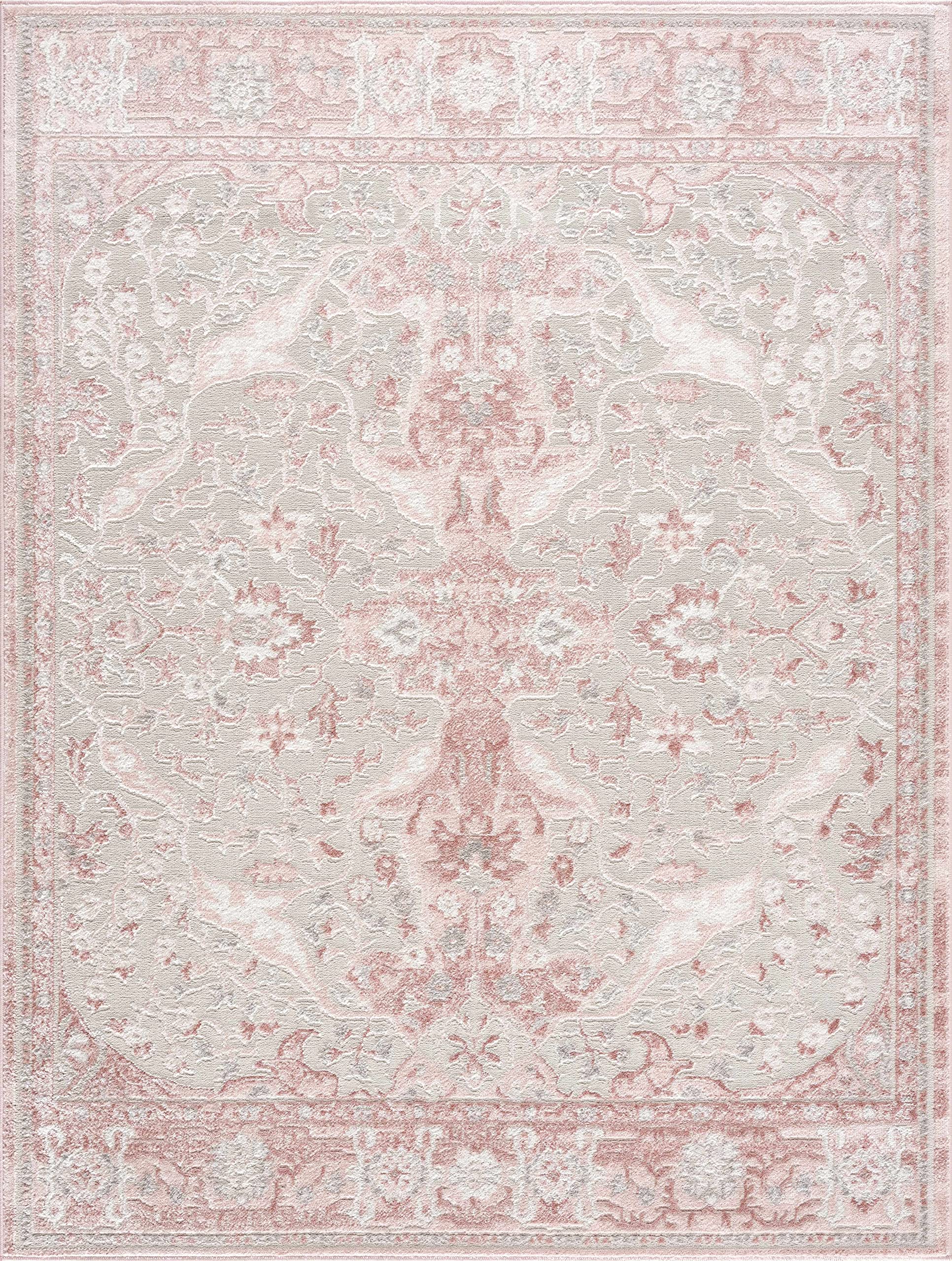 Hauteloom Isidore Boho Vintage Floral Area Rug - Farmhouse Traditional Medallion Carpet for Living Room, Bedroom, Dining Room - High Pile - Pale Pink,