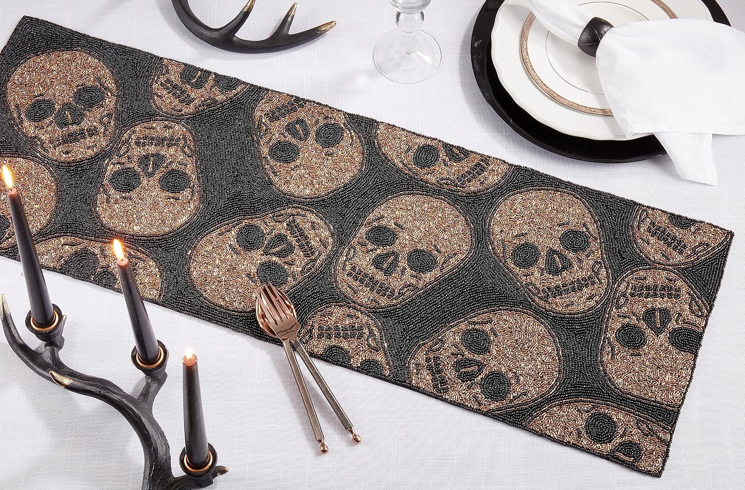 Unique Beaded Skulls Table Runner with Intricate Detailing
