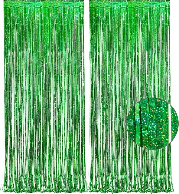 Green Tinsel Curtain Party Backdrop - GREATRIL Foil Fringe Curtain for Christmas/St Patricks Day/Luau/Hawaiian/Dinosaur/Jungle/Summer/Safari/Ghost/Birthday Party Decorations Theme Pack of 2