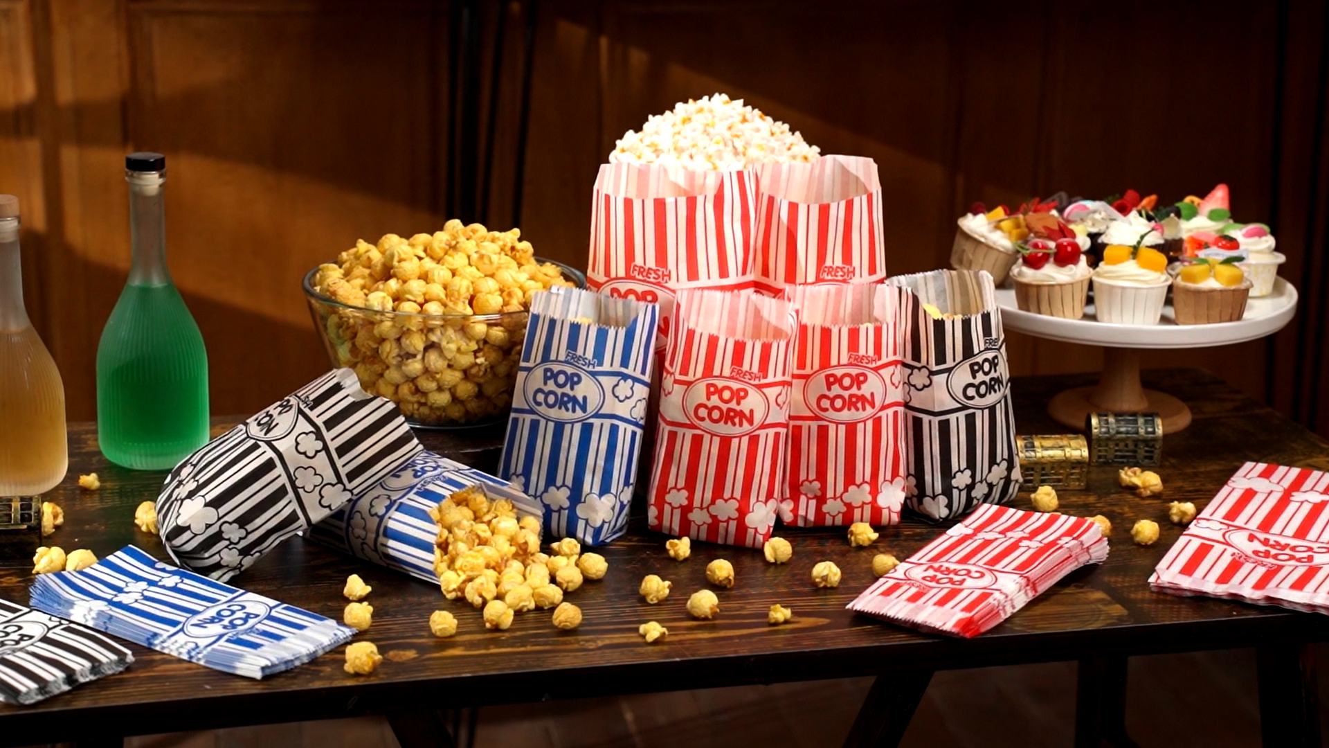 Image of Potchen 300 Pcs Popcorn Paper Bags Disposable Grease Resistant Striped Popcorn Container for Movie Night Carnival Party Theater(Black,1 oz)