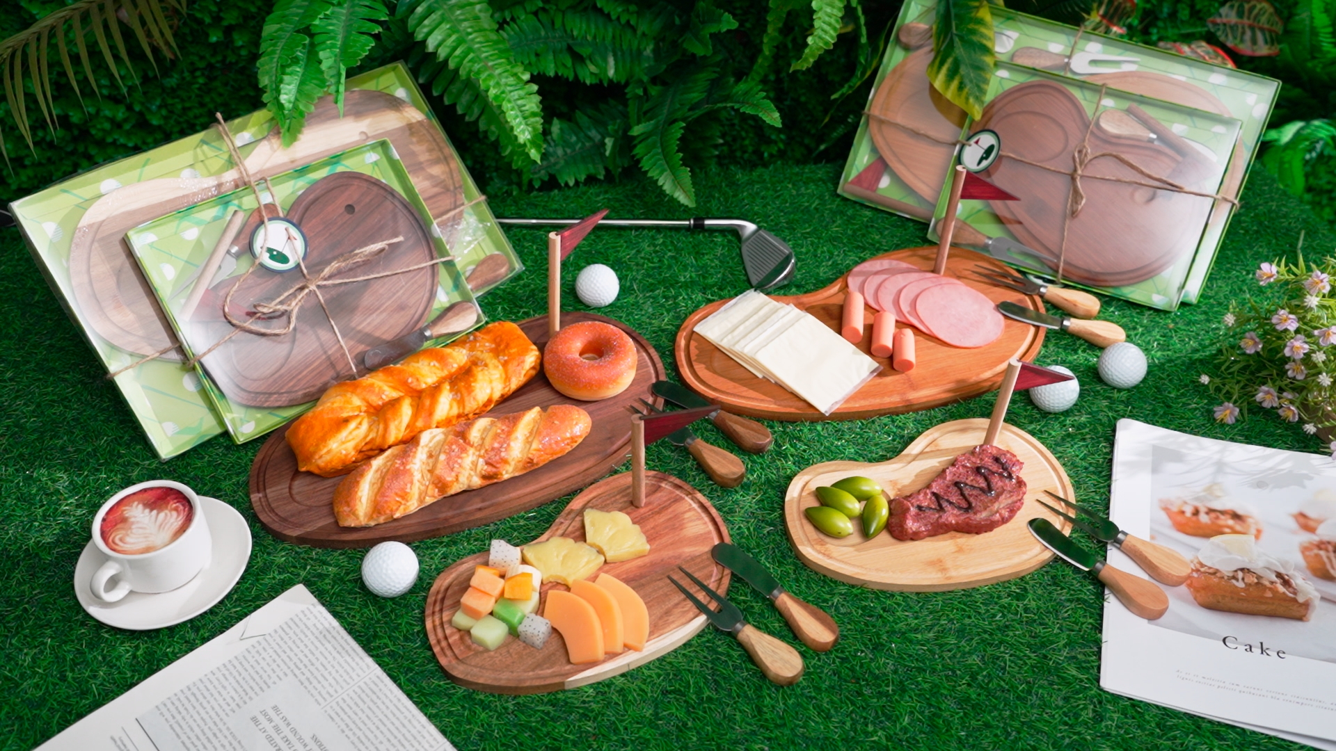 Set tabla de cortar y cuchillos de bambú rectangular miniatura 7