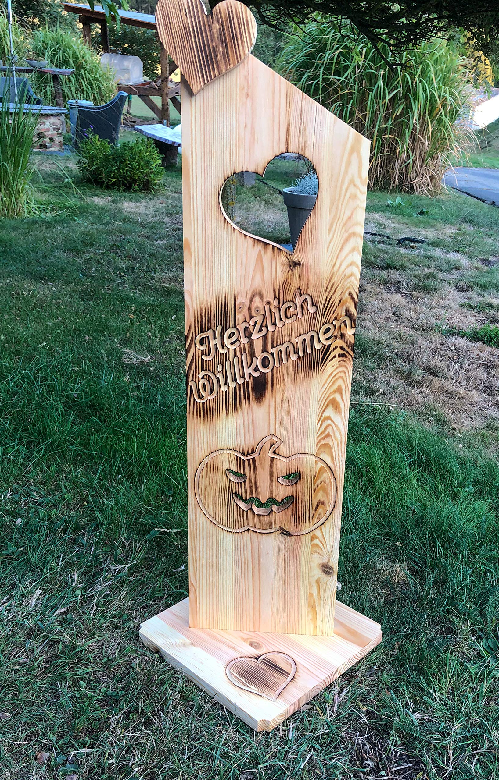 Holz Deko Schild geflammt Herzlich Willkommen Halloween NR21
