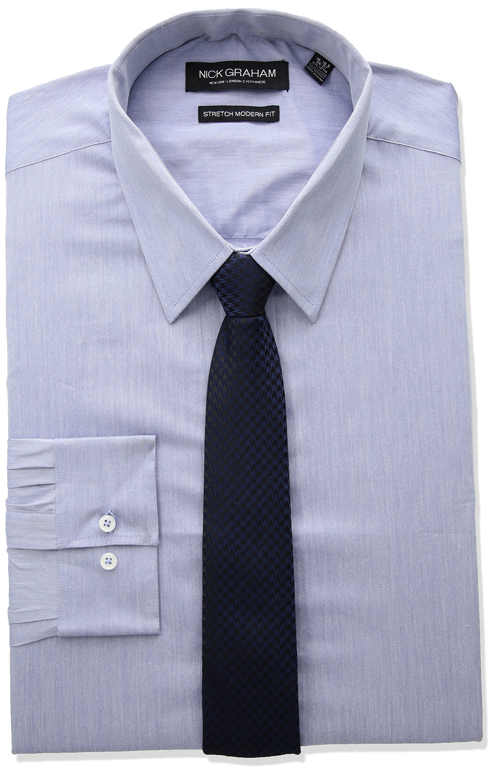 Nick Graham Men's Modern Fitted Chambray Stretch Shirt with Hounsetooth Tie