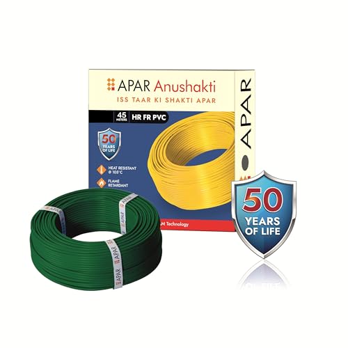 Image of APAR ANUSHAKTHI 1.0Sq mm 45m HEAT RESISTANT(@ 105*C) FLAME RETARDANT PVC Powered by E-BEEM TECHNOLOGY Single Core CLASS 5 COPPER Conductor Wire for Domestic & Industrial Electrical Wiring (GREEN)