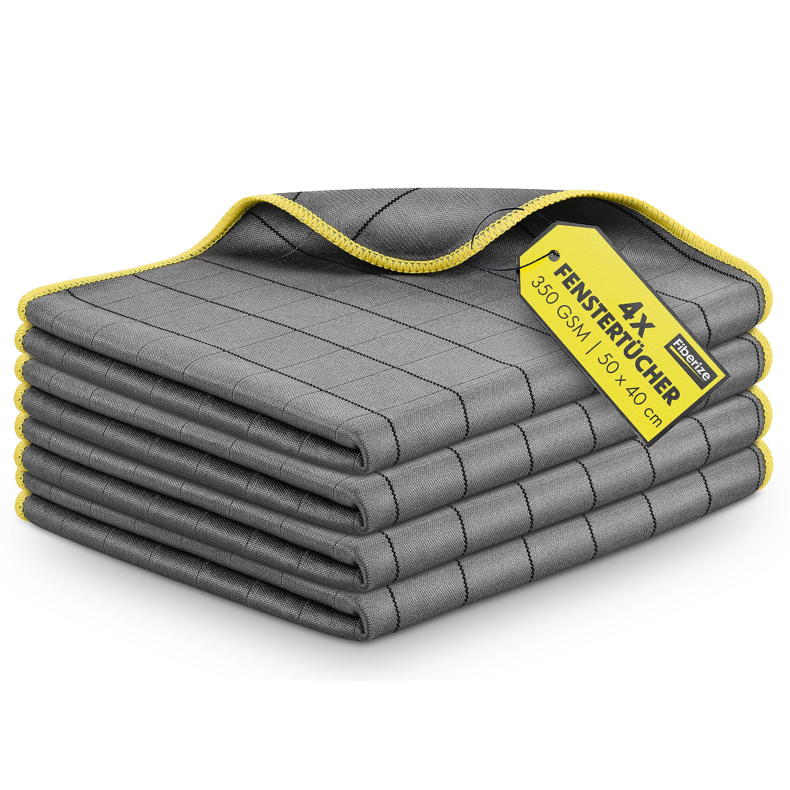 Fiberize® Carbontücher (4er Set) - Fenstertücher für glasklare Autoscheiben ohne Streifen & Schlieren - fusselfreie Carbon Mikrofasertücher Auto Glastuch & Fensterputztücher - 350GSM, 50x40cm