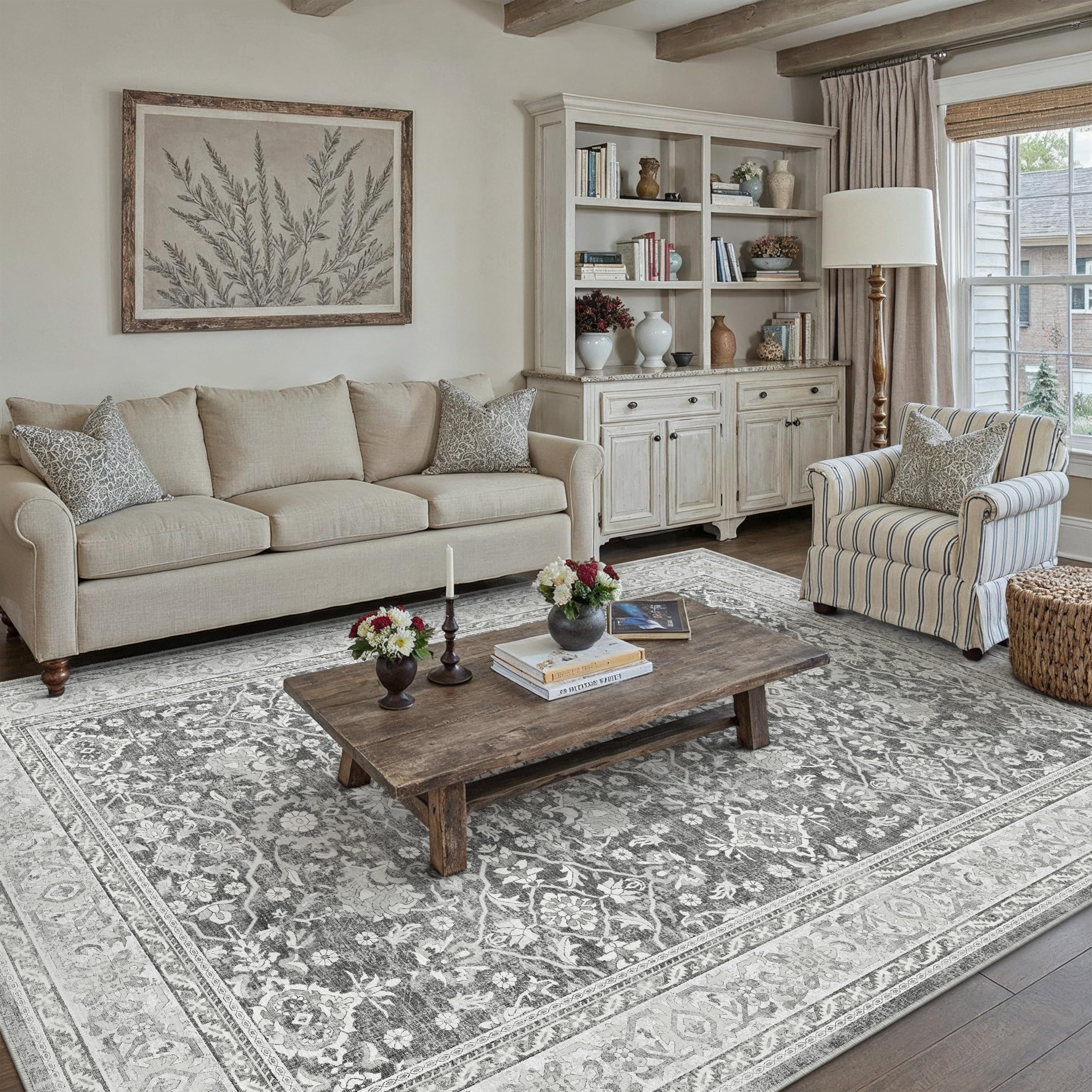HUGEAR Area Rug 6x9 Retro Grey Machine Washable Living Room Rugs Distressed Vintage Floral Vacuumable Low Pile Carpet Bedroom Office Dining Room Laundry Room Non Slip Soft Lightweight