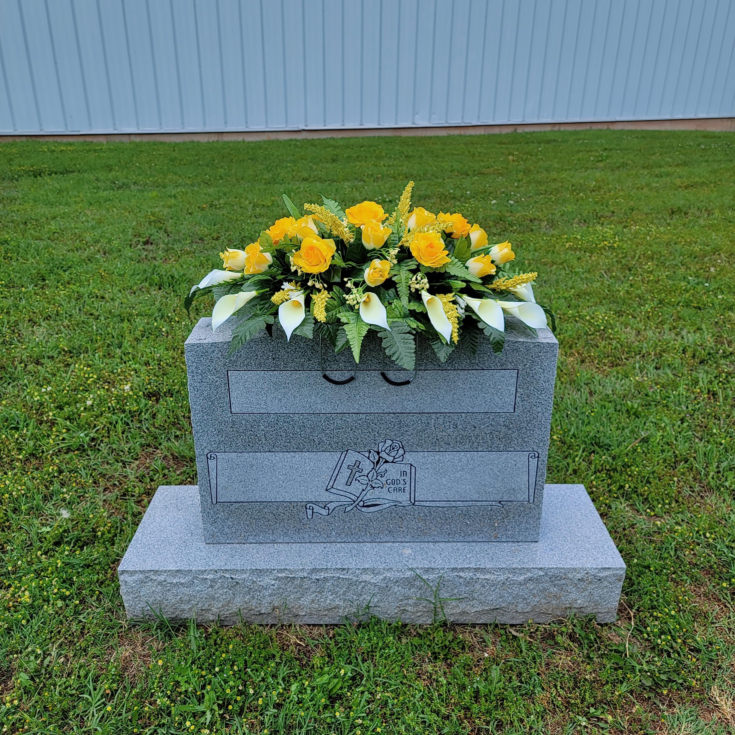Cemetery Saddles for Headstones - Realistic Silk Faux Floral Artificial Grave Flowers for cemetery - Yellow Roses and Calla Lilies