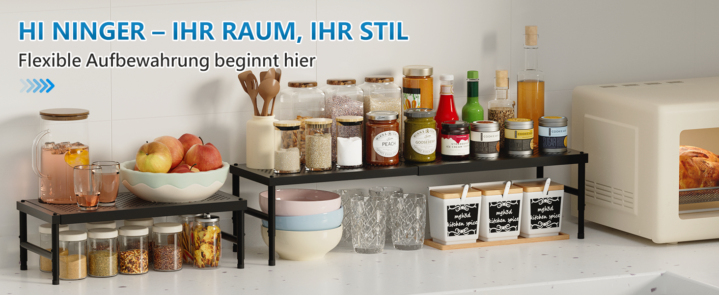 Erweiterbares Küchenregal | Höhe 25 Cm, Verstellbar 35–65 Cm | Aus Robustem Kohlenstoffstahl, Schwarz | Für Mehr Stauraum In Schränken