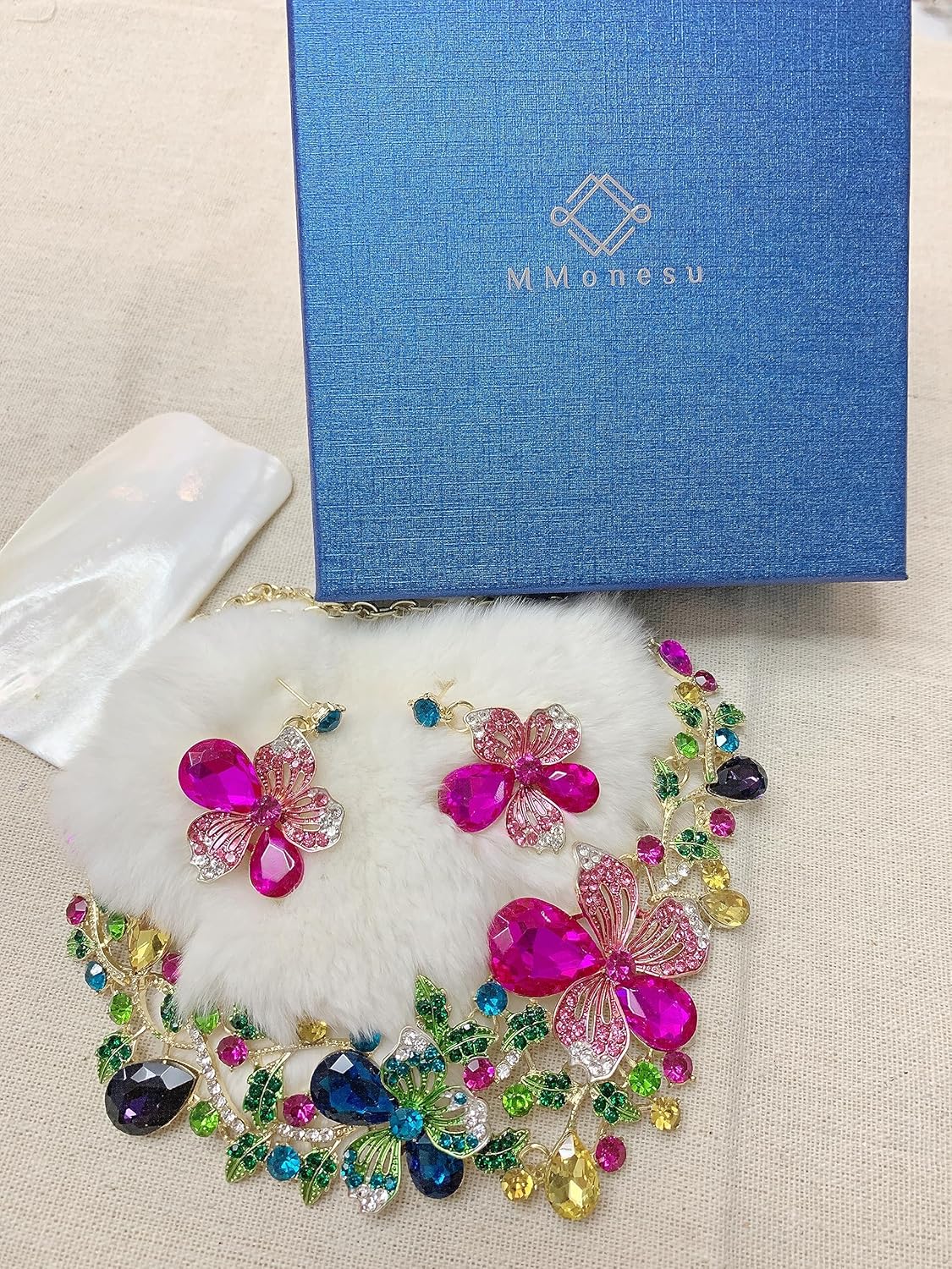 Crystal Flower Bib Statement Necklace Set Chunky Diamond Flower Statement Necklace & Earrings Drama Bib Collar Jewelry Set for Women Prom Party Jewelry - Image 6