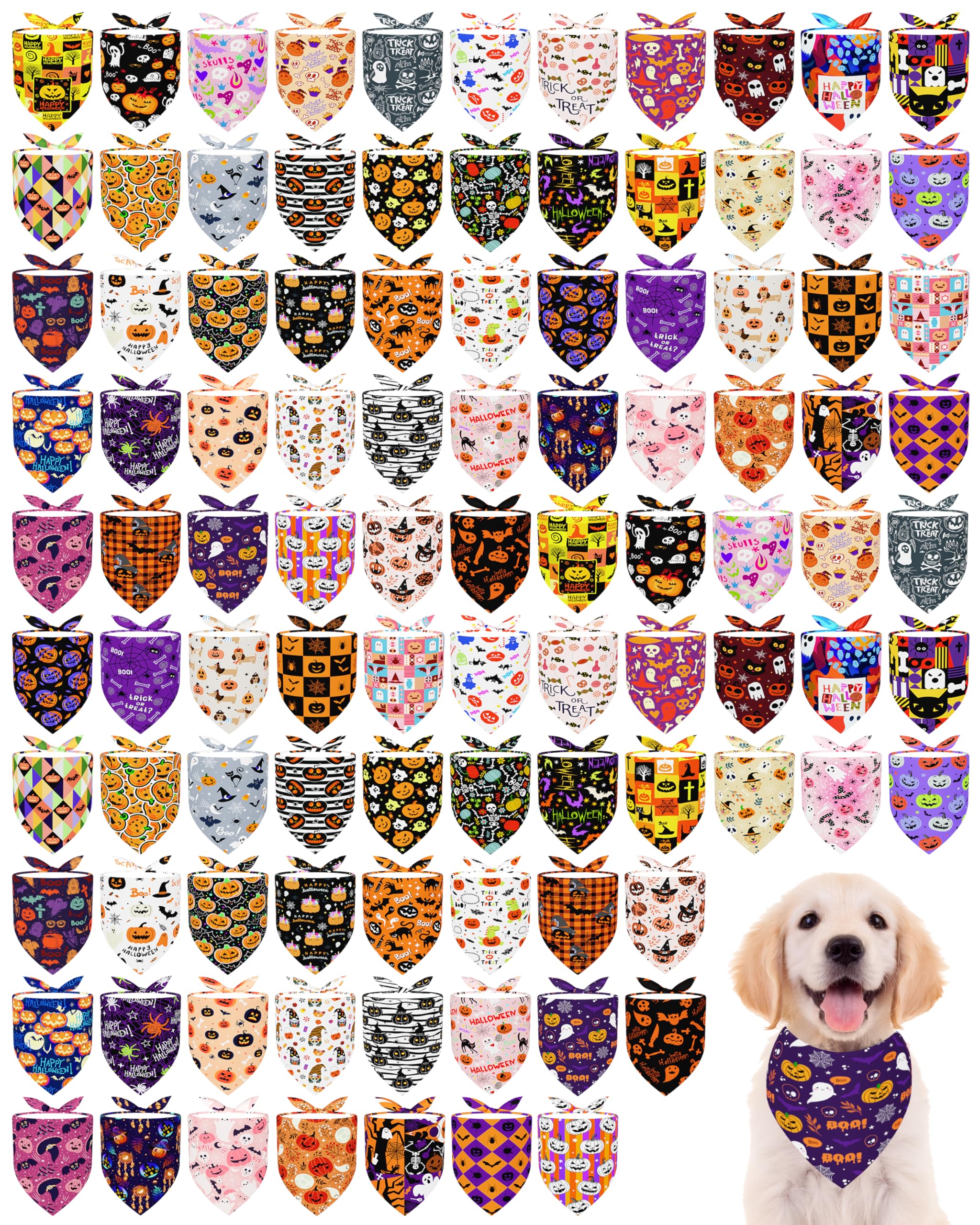 PET SHOW 100 Pack Halloween Small Dog Bandanas Bulk No Seam Pumpkin Ghost Triangle Bibs Scarves for Girl Boy Pets Adjustable Grooming Kerchiefs for Medium Dogs Costume Accessories(Medium)