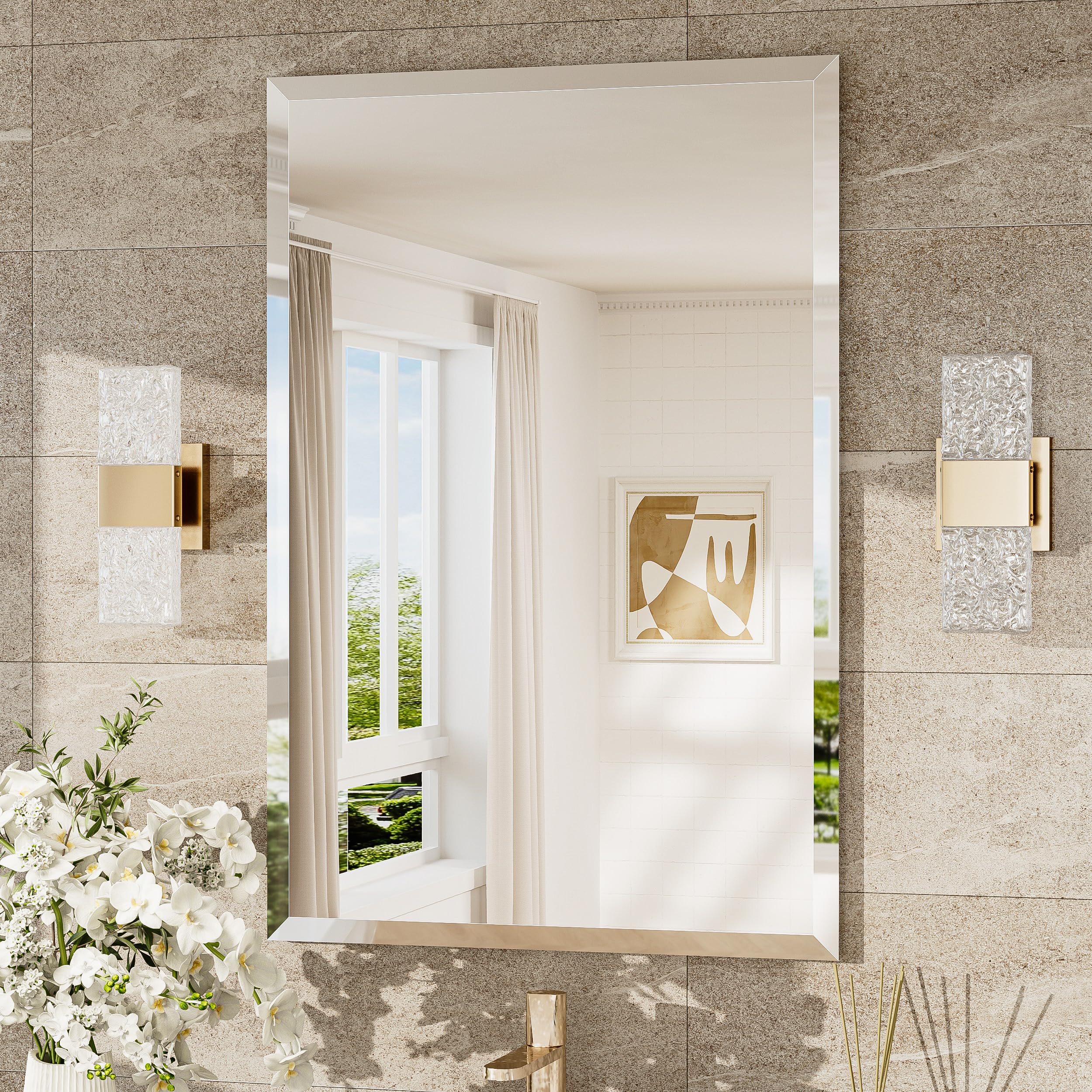 tokeshimi 24x36 beveled wall mirror decorative, bathroom vanity mirrored with 1" beveled edge, shatterproof modern frameless mirror bathroom rectangle for living room, entryway, restroom
