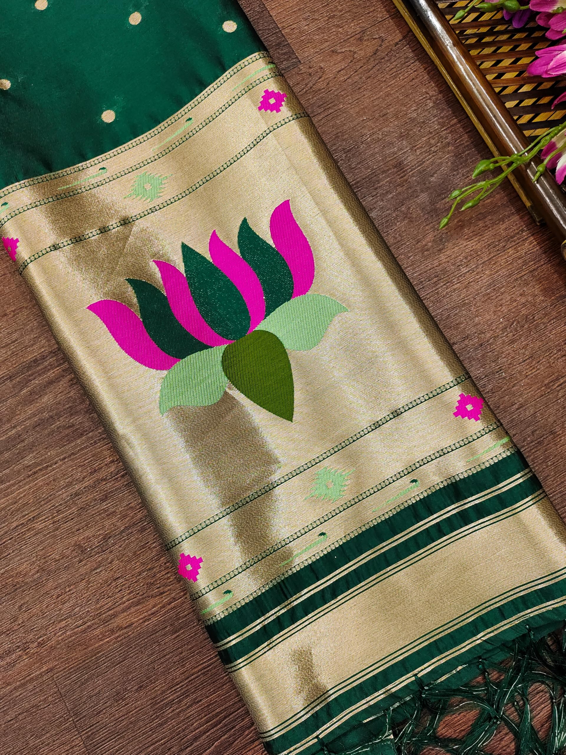 DEVANGI Women's Woven Banarasi Silk Dupatta/Chunni For Women, Floral Print 1 Meter Wide and 2.3 Meter Length Printed Designer Dupatta/Chunni For Girls(OM-DT-67-BGREEN) - Image 2 thumbnail