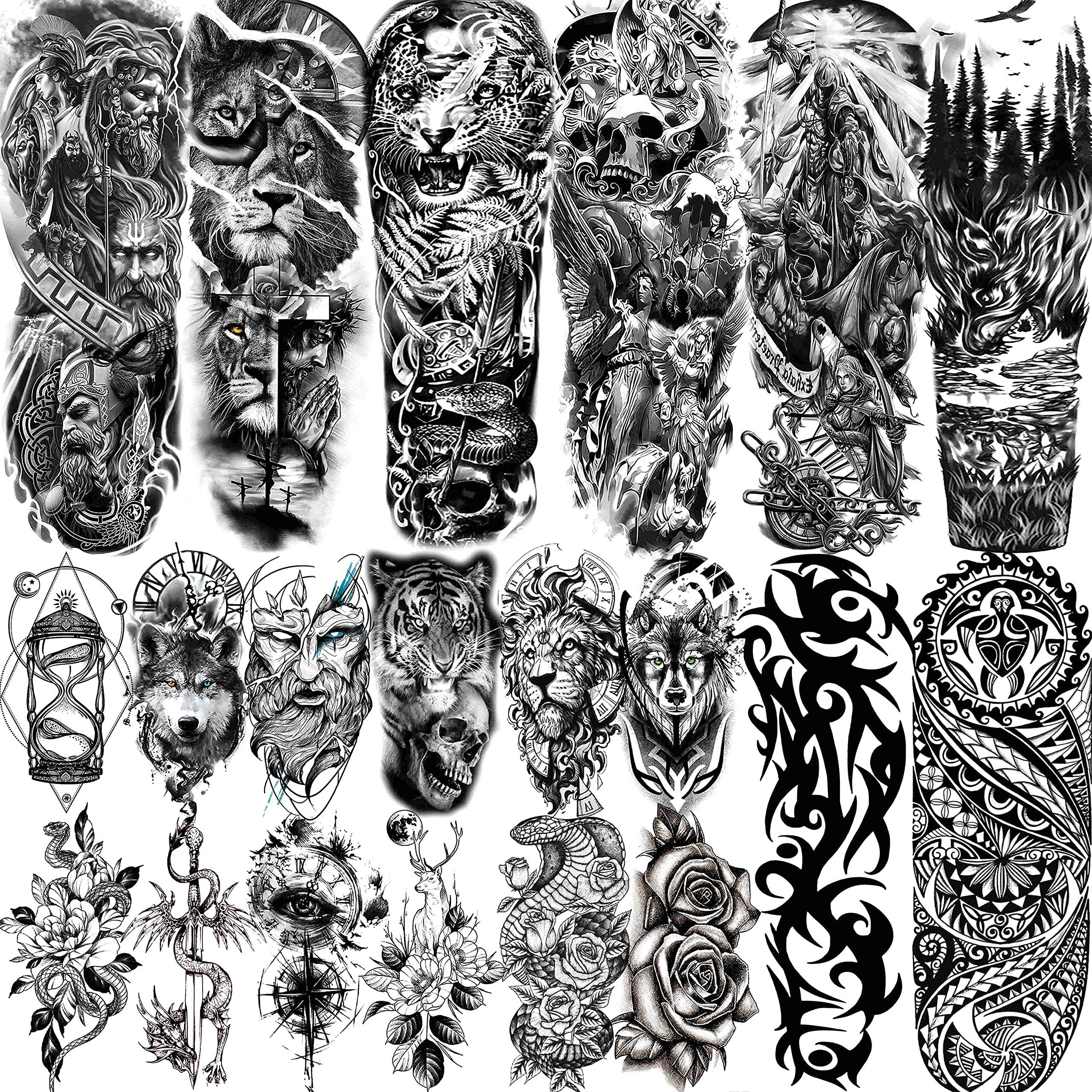 VANTATY 20 Sheets Extra Large Full Arm Temporary Tattoos For Men Adults, Tiger Snake Leopard Lion King Temporary Tattoos Sleeve For Women, Temp Waterproof Fake Tattoo Stickers For Kids Warrior Tatoos