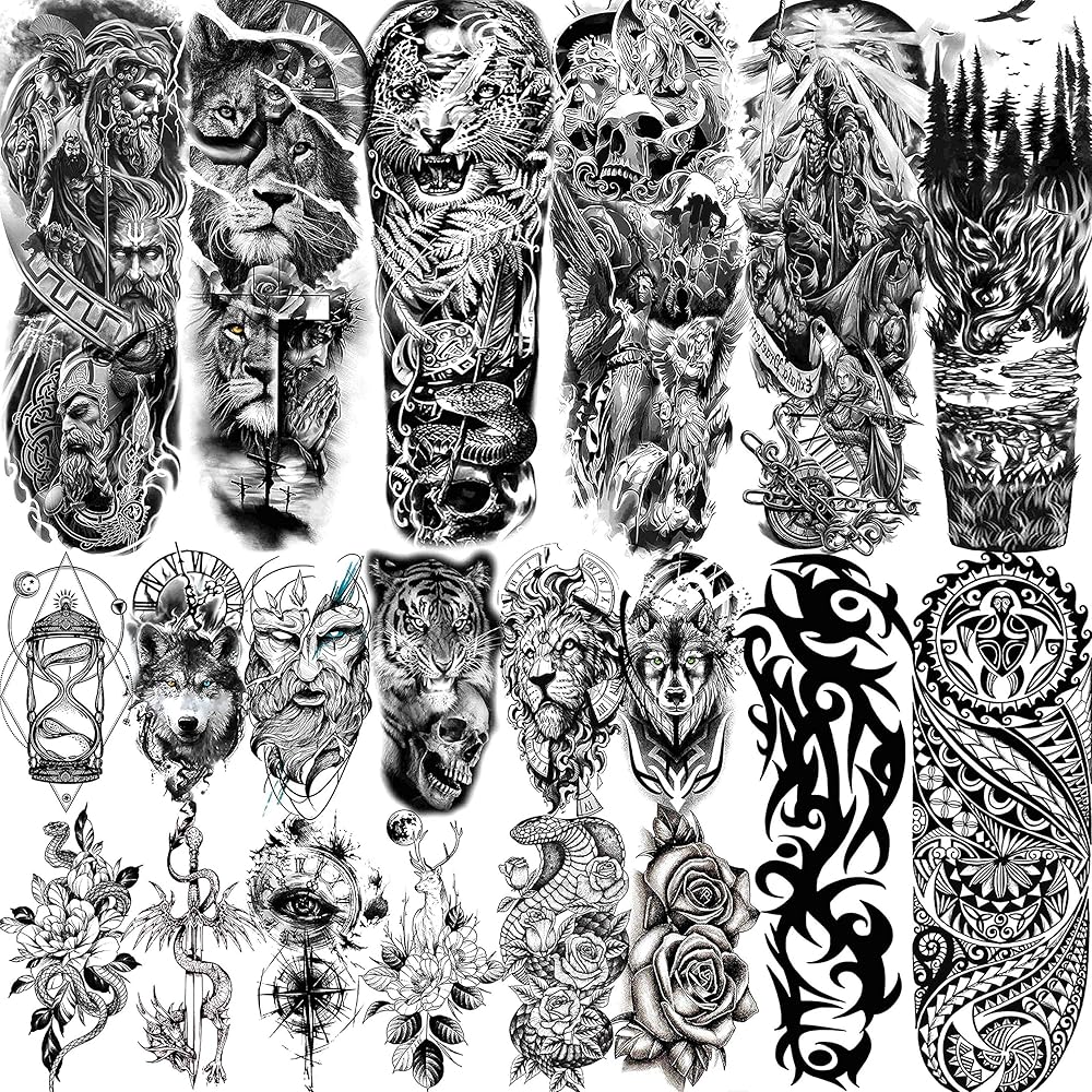 VANTATY 20 Sheets Extra Large Full Arm Temporary Tattoos For Men Adults, Tiger Snake Leopard Lion King Temporary Tattoos Sleeve For Women, Temp Waterproof Fake Tattoo Stickers For Kids Warrior Tatoos