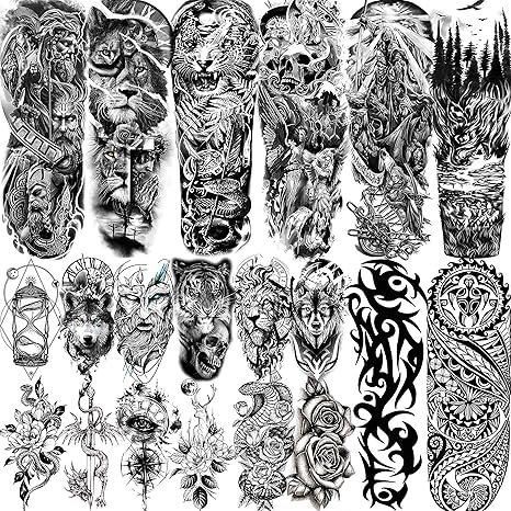 VANTATY 20 Sheets Extra Large Full Arm Temporary Tattoos For Men Adults, Tiger S&hellip;
