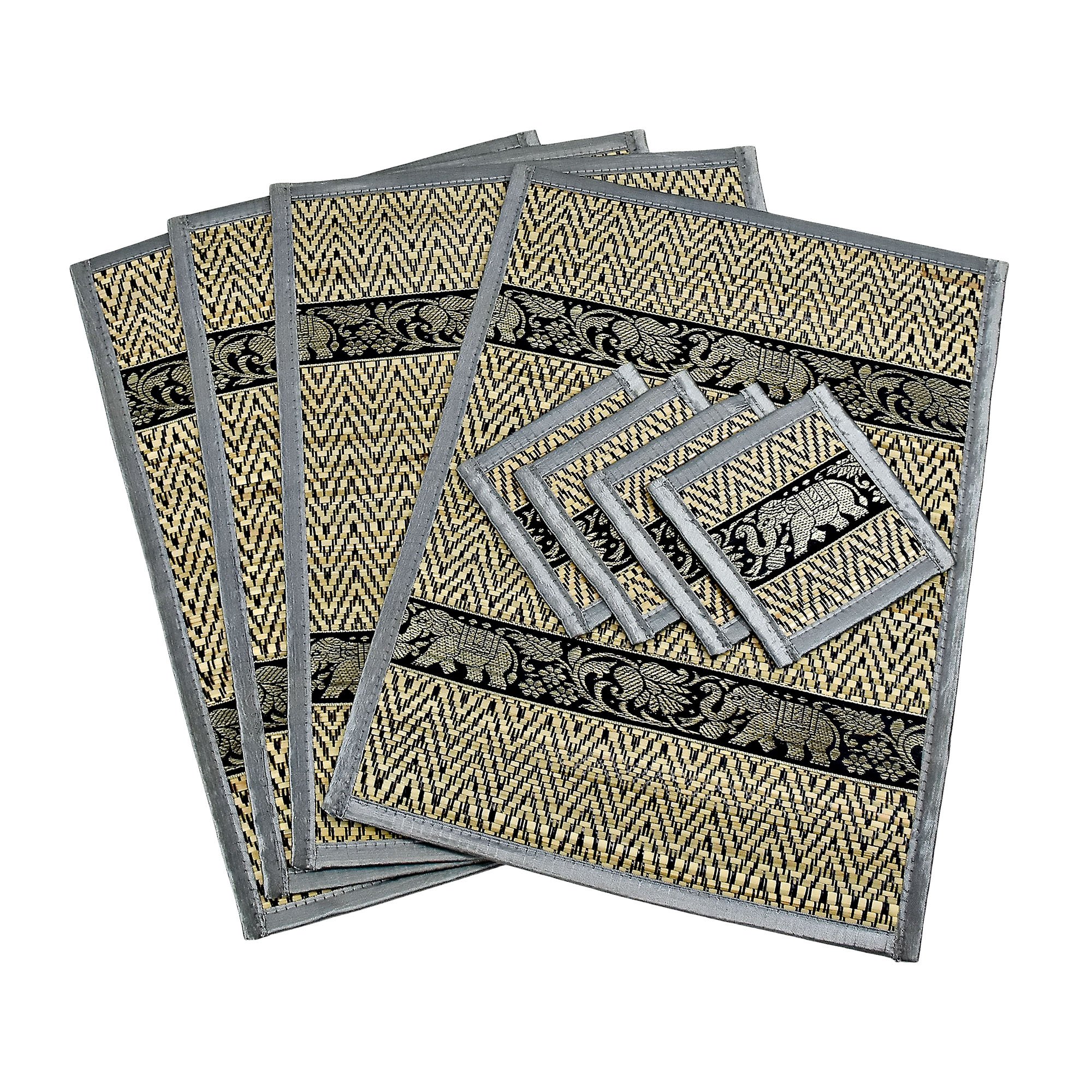 AeraVida Majestic Thai Elephant Themed Woven Reed Material with Gray or Silver Silk Thread Handcrafted Placemat & Coaster Set of 4 for Tropical Chic Home Décor with a Stylish Nature Vibe