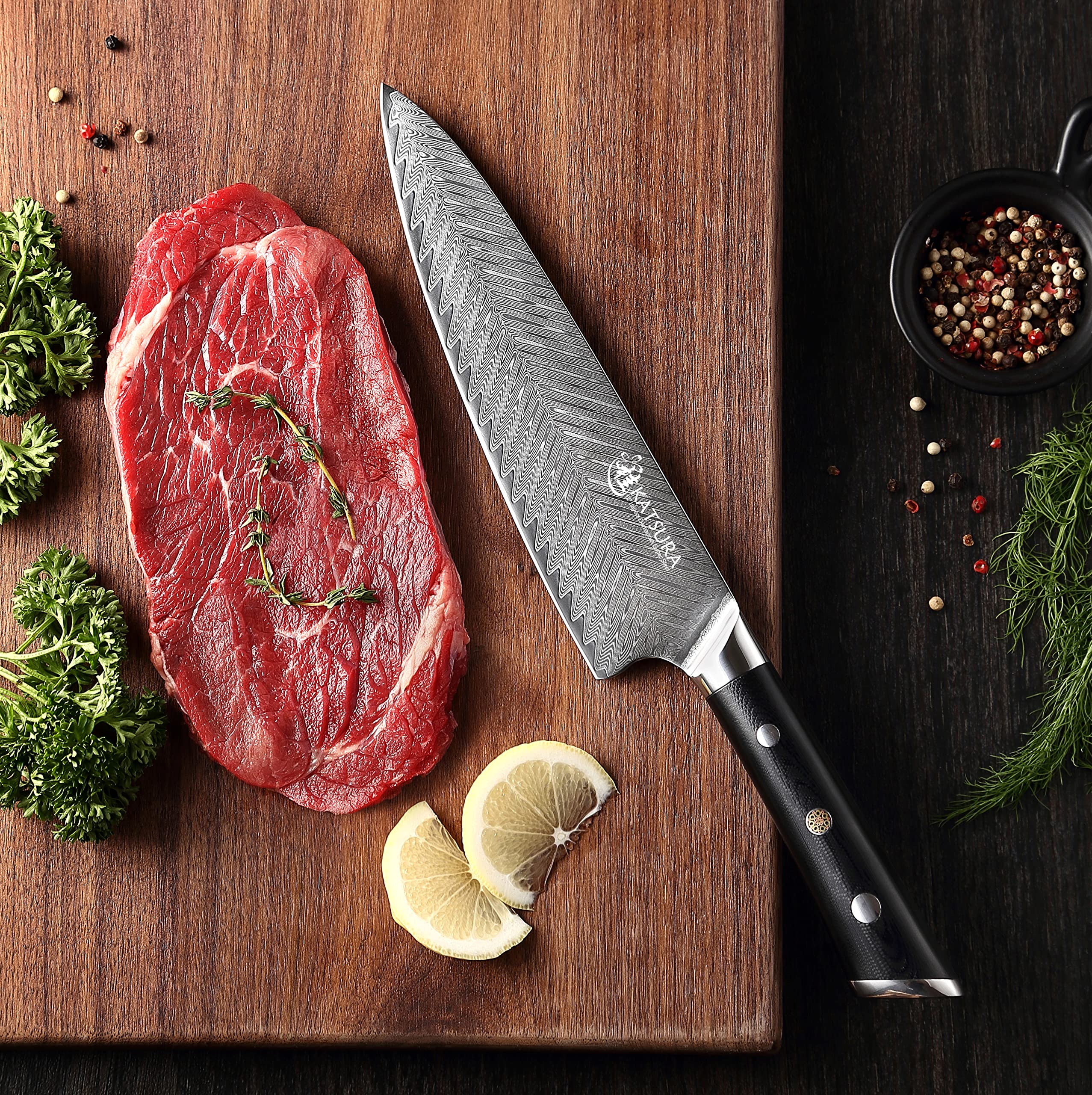KATSURA Gyuto Chef Knife – 8 Inch – 50mm Ultra wide blade – Japanese Premium AUS 10, 67 Layers Damascus Steel Knife – Thunder-X Series – Chefs Choice G10 handle