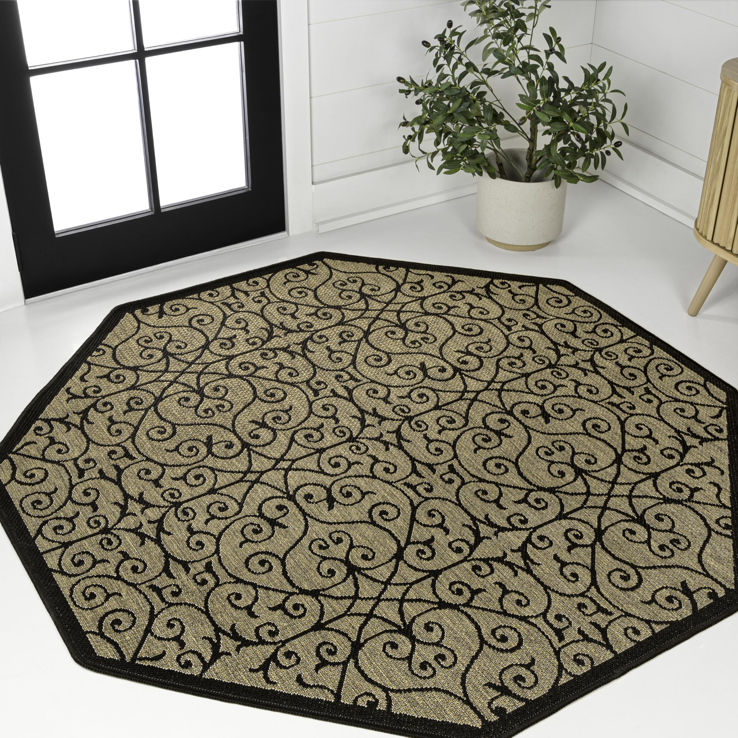 JONATHAN Y SMB107A-8TGN Madrid Vintage Filigree Textured Weave Black/Khaki 8' Octagon Indoor/Outdoor Area Rug, Non-Shedding, Stain Resistant, Fade Resistant, Easy-Cleaning for Backyard Patio, Porch