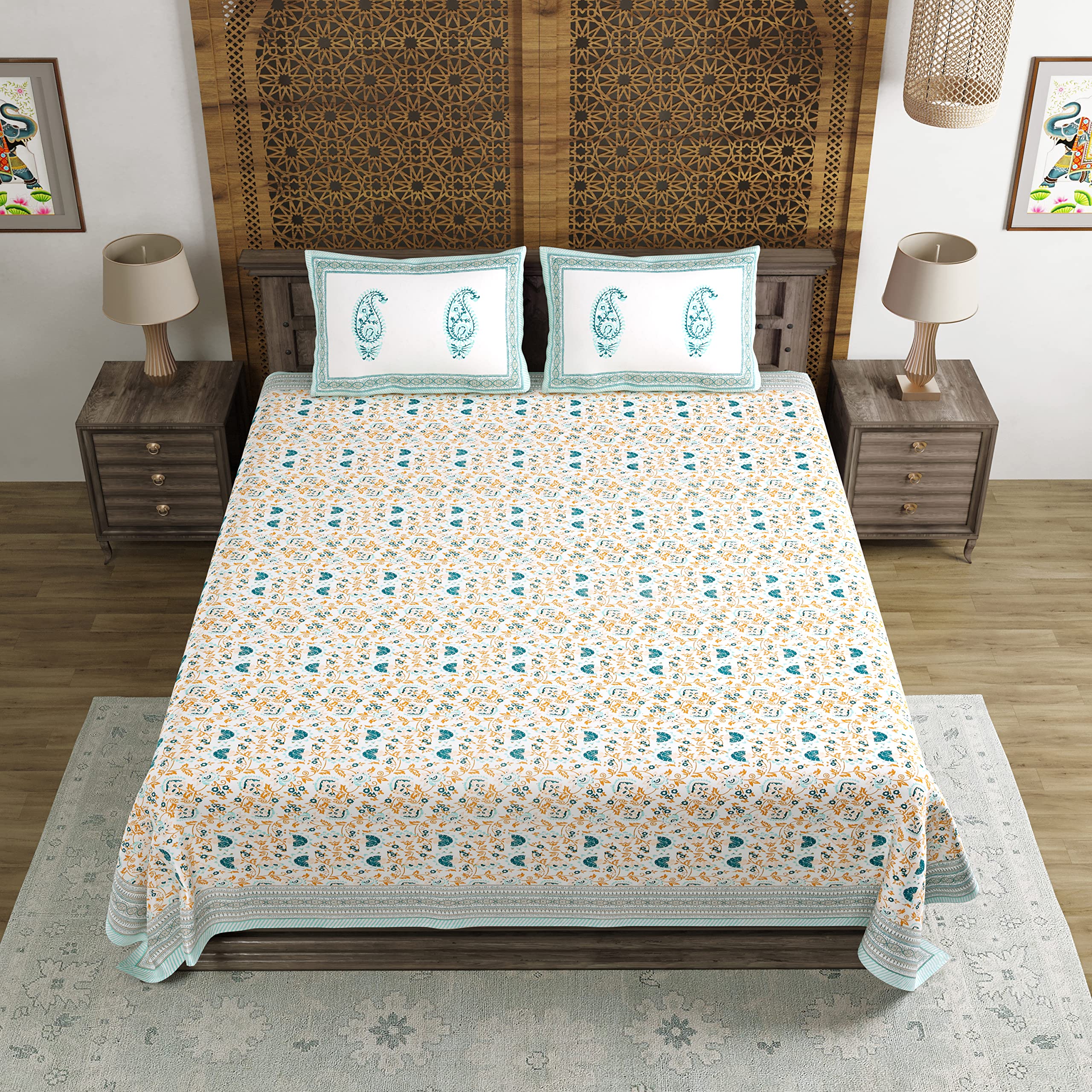 BLOCKS OF INDIA Hand Block Printed 200 TC Cotton King Size Bedsheet (Turquoise JAAL)