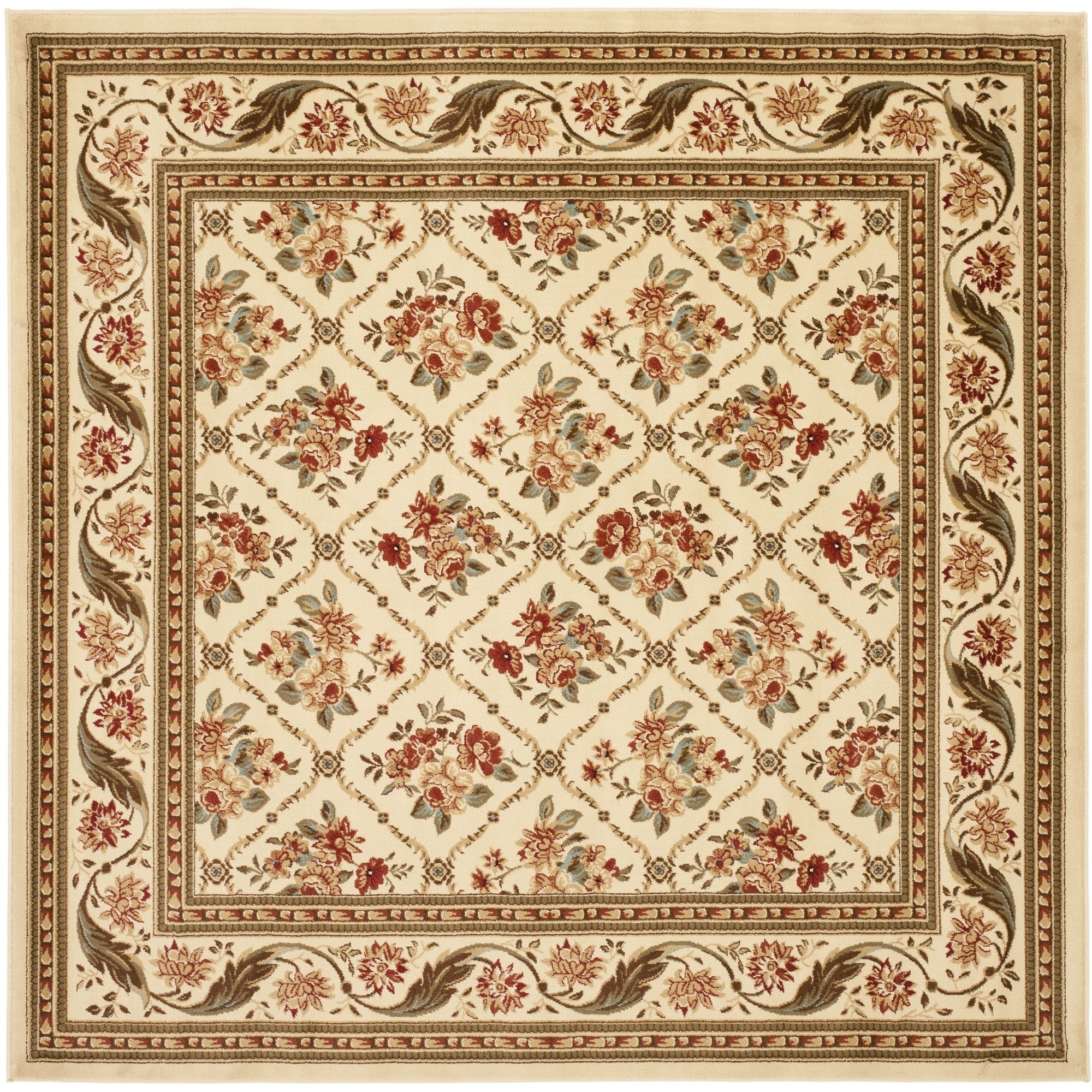 SAFAVIEH Lyndhurst Collection Area Rug - 6'7" Square, Ivory & Ivory, Traditional Floral Trellis Design, Non-Shedding & Easy Care, Ideal for High