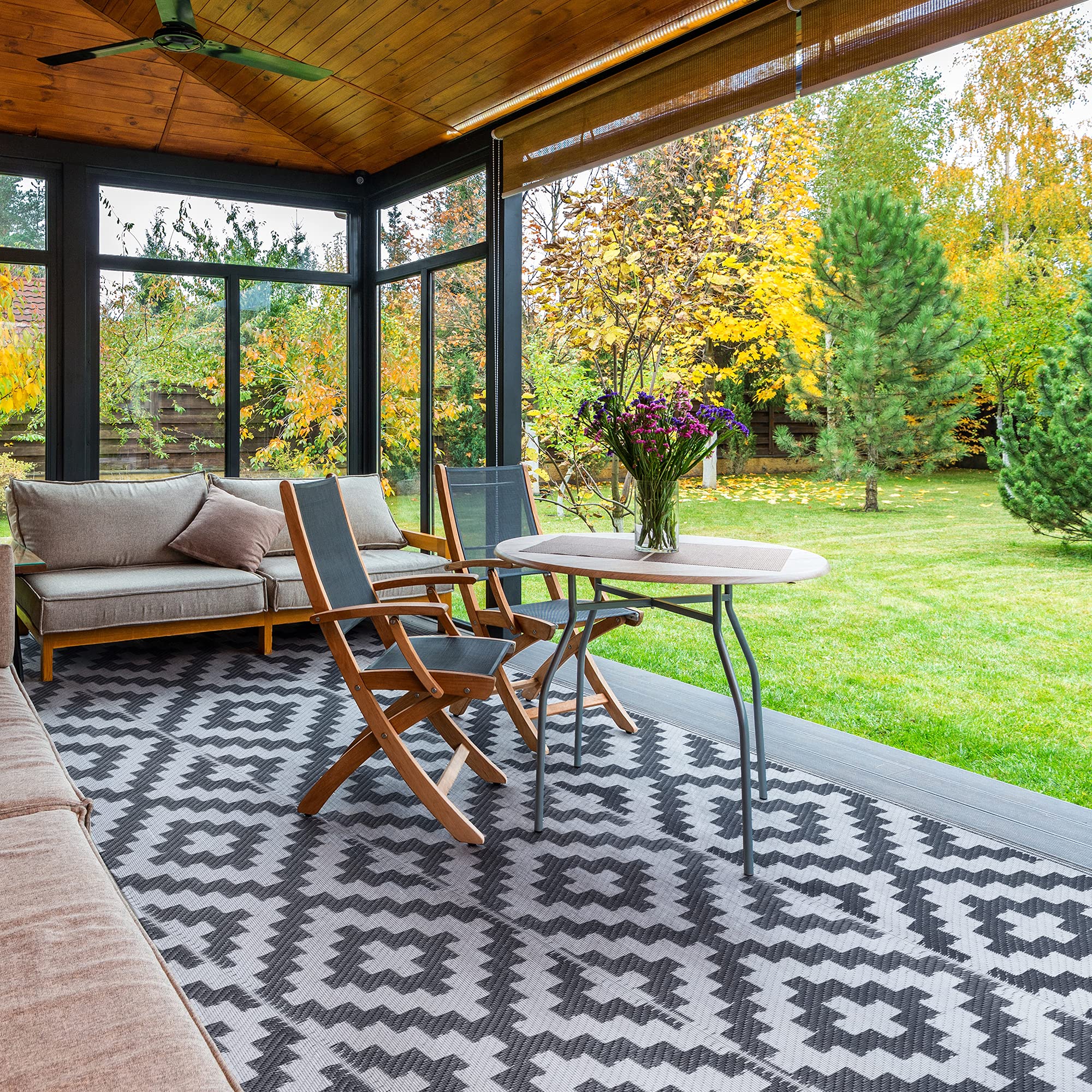 TOETOL Outdoor Rugs 6’x9’ Waterproof Reversible Mats for Patio, RV Camping, Porch, Deck, Grey & White