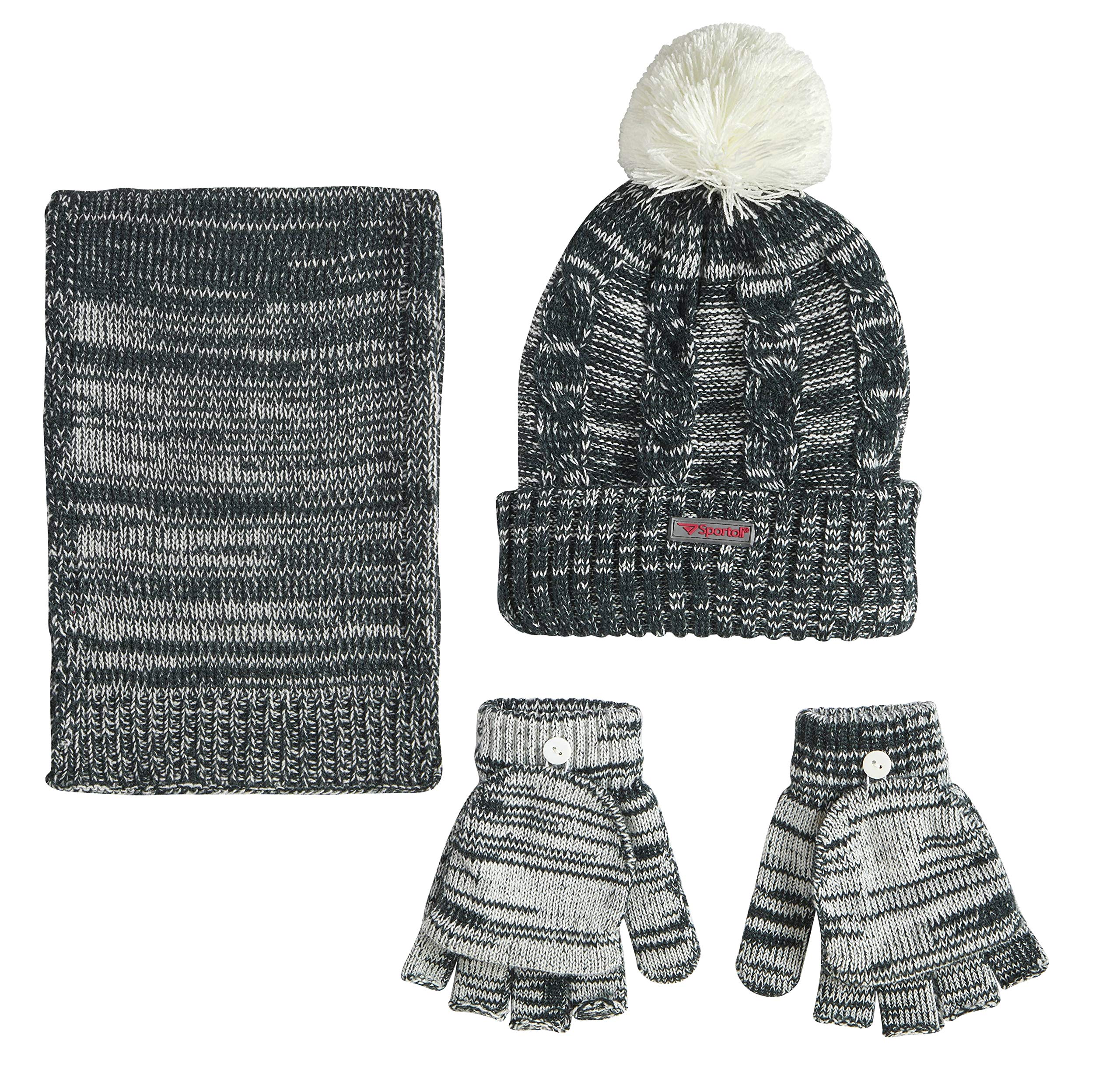 Sportoli Women’s Girls’ kids 3-Piece Cable Knit Cold Weather Set Hat Scarf Glove - Hunter Green (Size Kids / 4-7 Yrs)