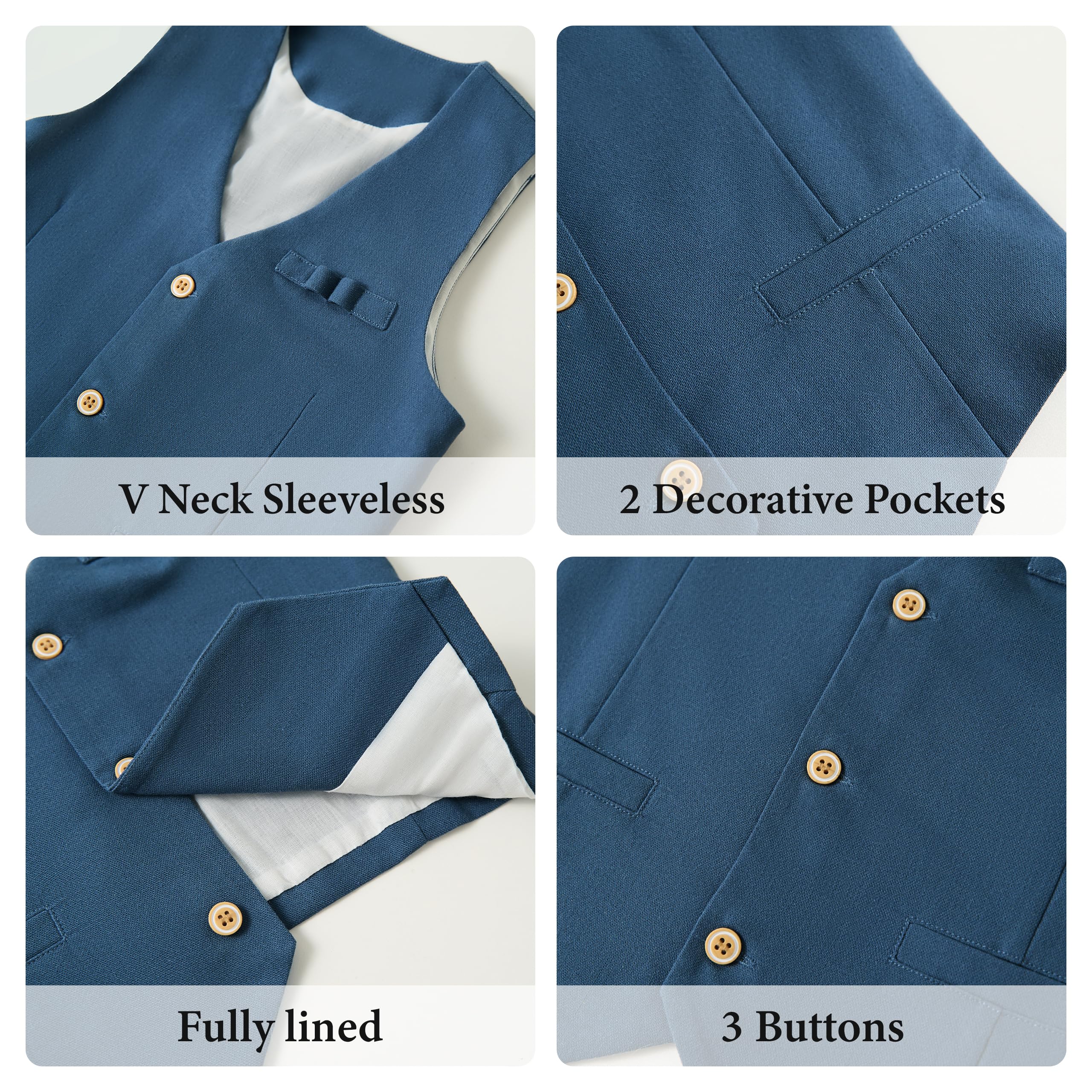 LOLANTA 4PCS Traje de Boda para PAJE Niño, Conjunto de Chaleco y Pantalón Lino para Niños, Ropa de Bautizo Ceremonia Fiesta, Chaleco+Pantalón+Camisa+Pajarita