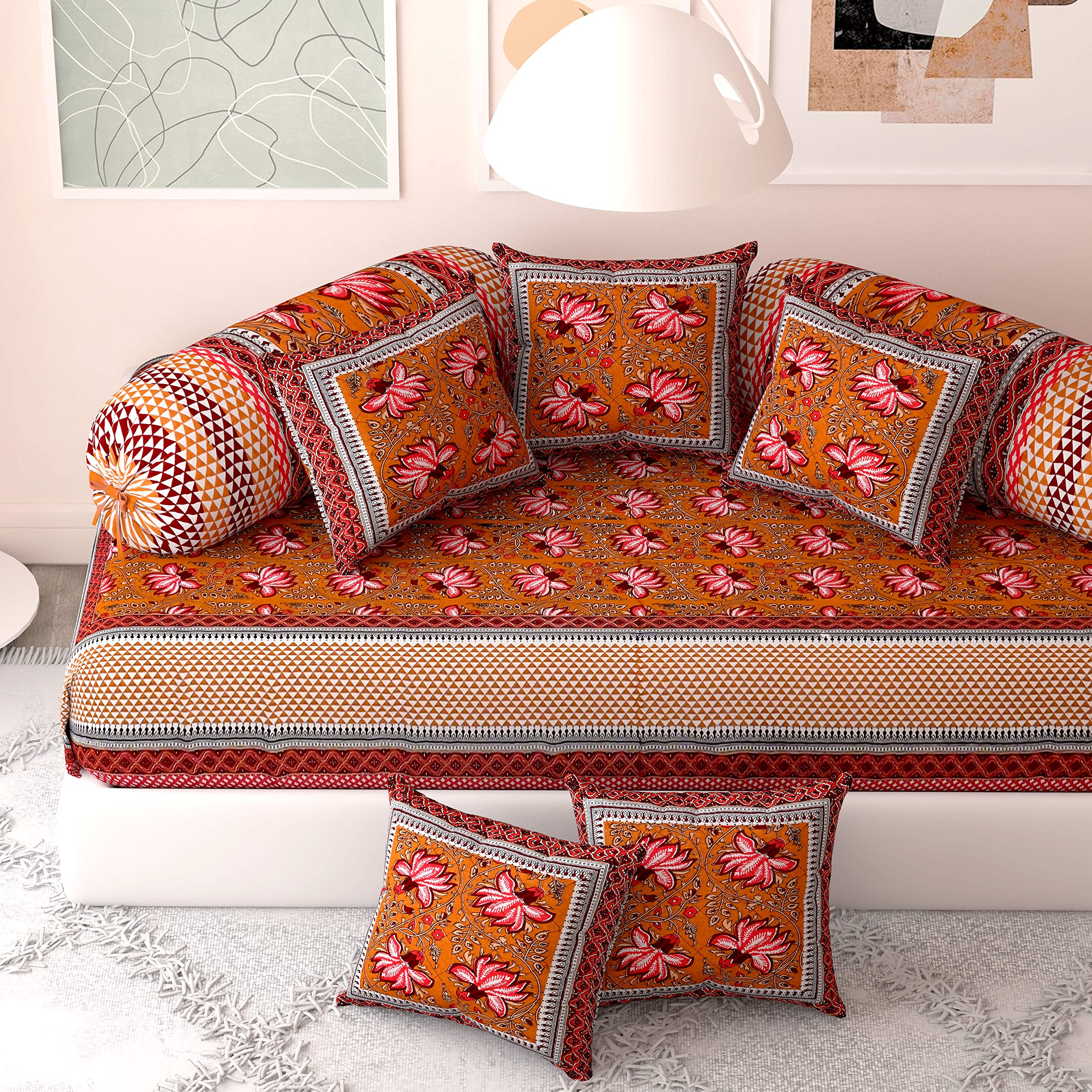 Blizz Mont | Ethnic Motifs Printed Diwan Set | Pure Cotton | Set Contains- 8 Pieces (1 Single Bedsheet, 2 Boster Covers, 5 Cushion Covers)- (BM1010-MAROON-FR)-C1