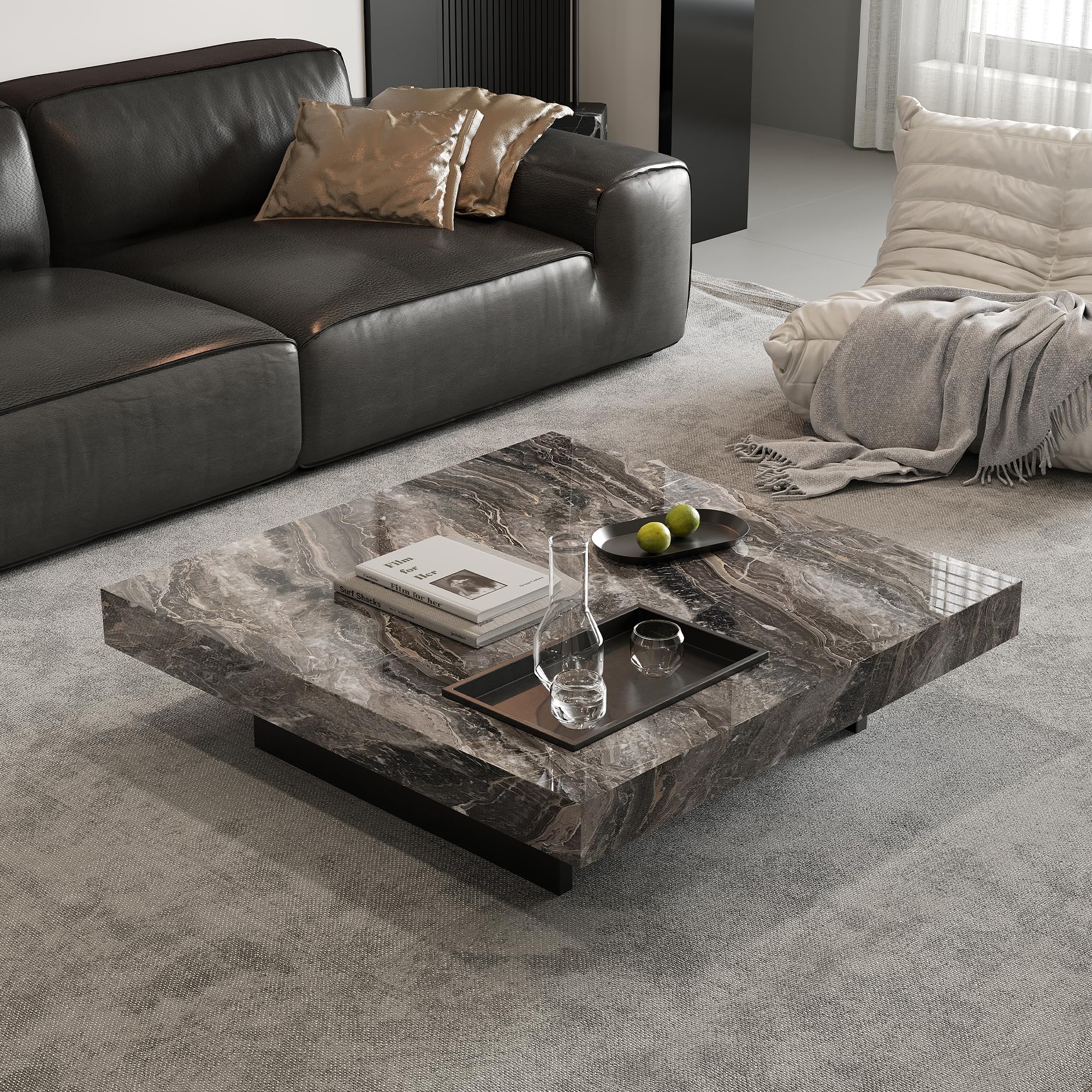 42" Square Sintered Stone Coffee Table for Living Room - Black Modern Farmhouse Center Table with Sturdy Black Stainless Steel Base, 150lbs Capacity -